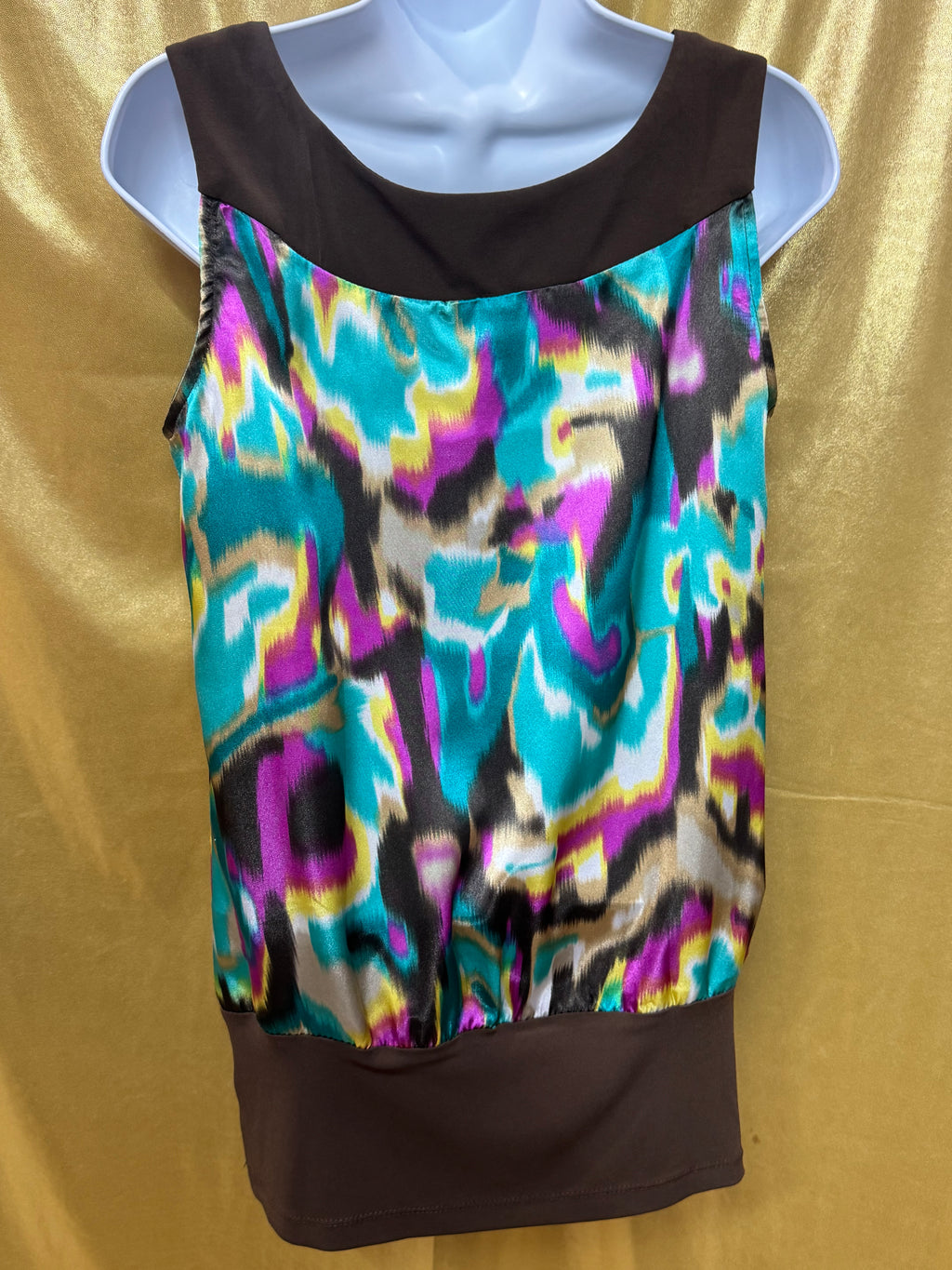 BCX Abstract Ikat Sleeveless Top Medium Brown Teal Purple Y2K Blouson Hem