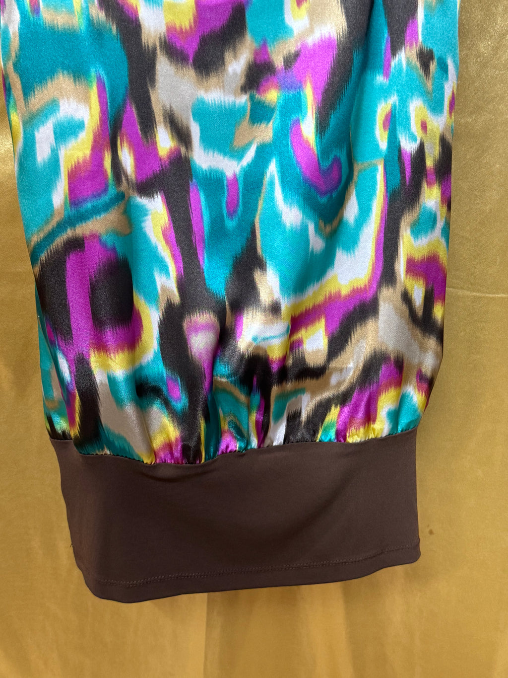 BCX Abstract Ikat Sleeveless Top Medium Brown Teal Purple Y2K Blouson Hem