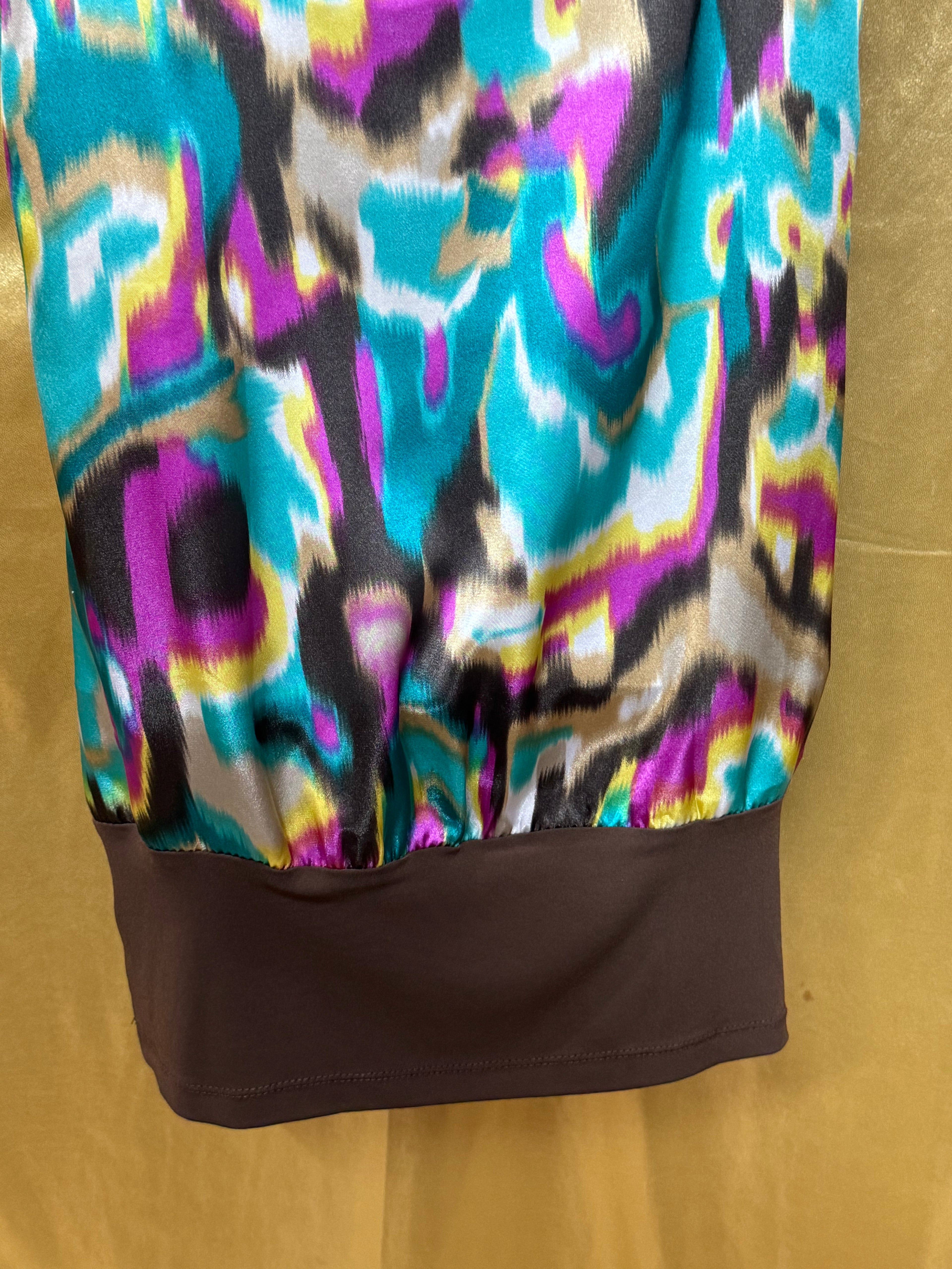 BCX Abstract Ikat Sleeveless Top Medium Brown Teal Purple Y2K Blouson Hem