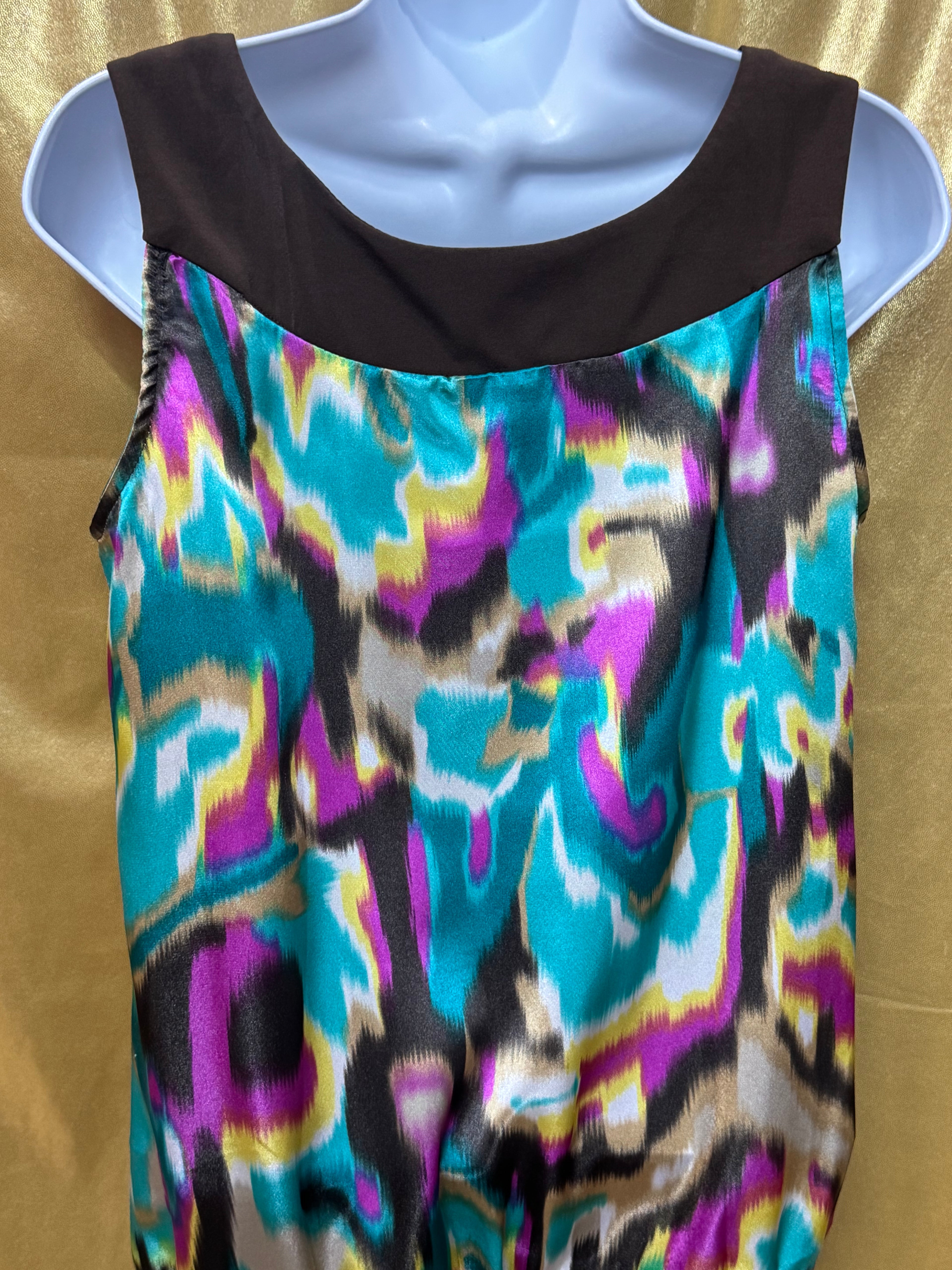 BCX Abstract Ikat Sleeveless Top Medium Brown Teal Purple Y2K Blouson Hem