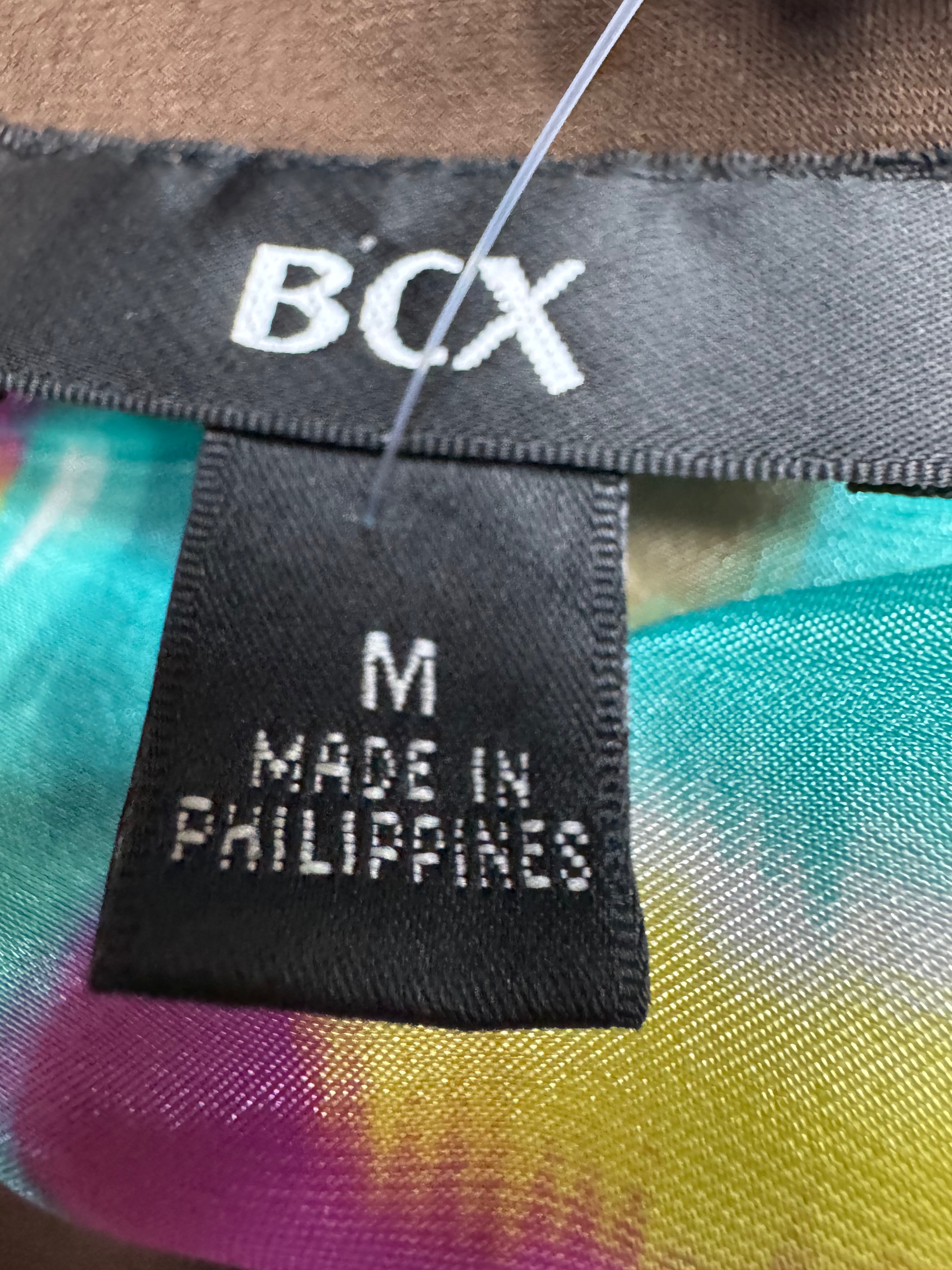 BCX Abstract Ikat Sleeveless Top Medium Brown Teal Purple Y2K Blouson Hem