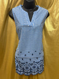 American Sweetheart Blue Gingham V-Neck Blouse Med 100% Cotton Scalloped Hem