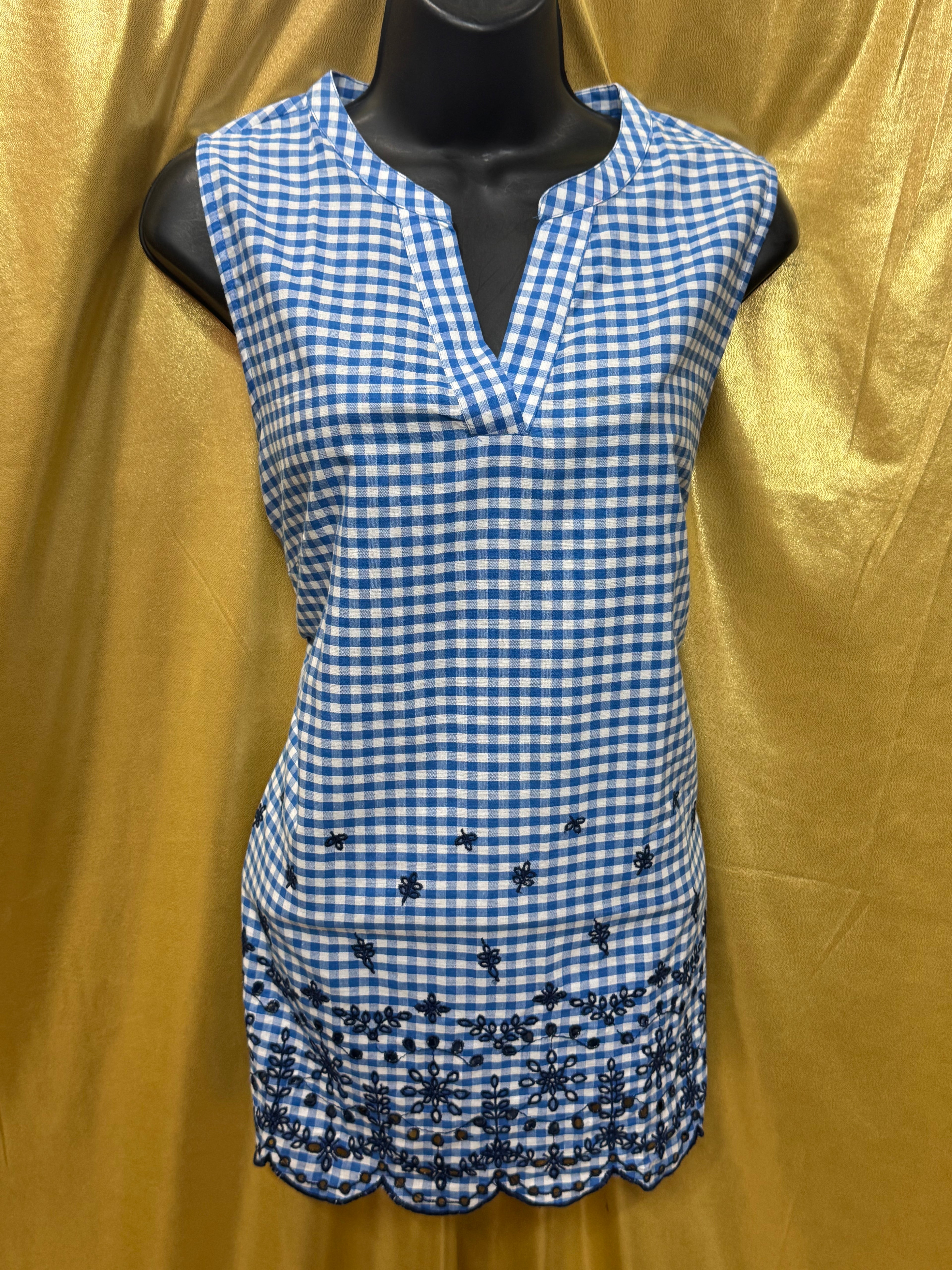 American Sweetheart Blue Gingham V-Neck Blouse Med 100% Cotton Scalloped Hem