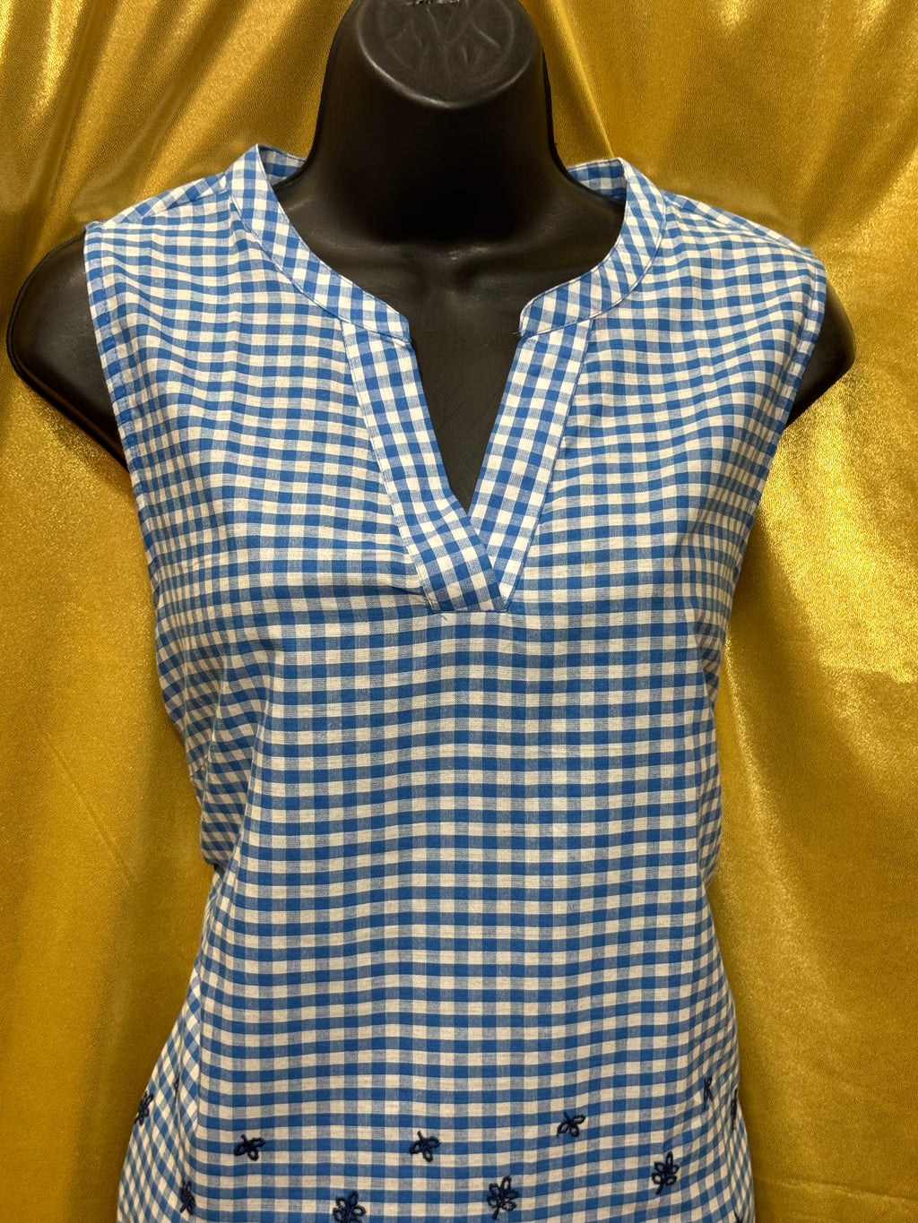American Sweetheart Blue Gingham V-Neck Blouse Med 100% Cotton Scalloped Hem