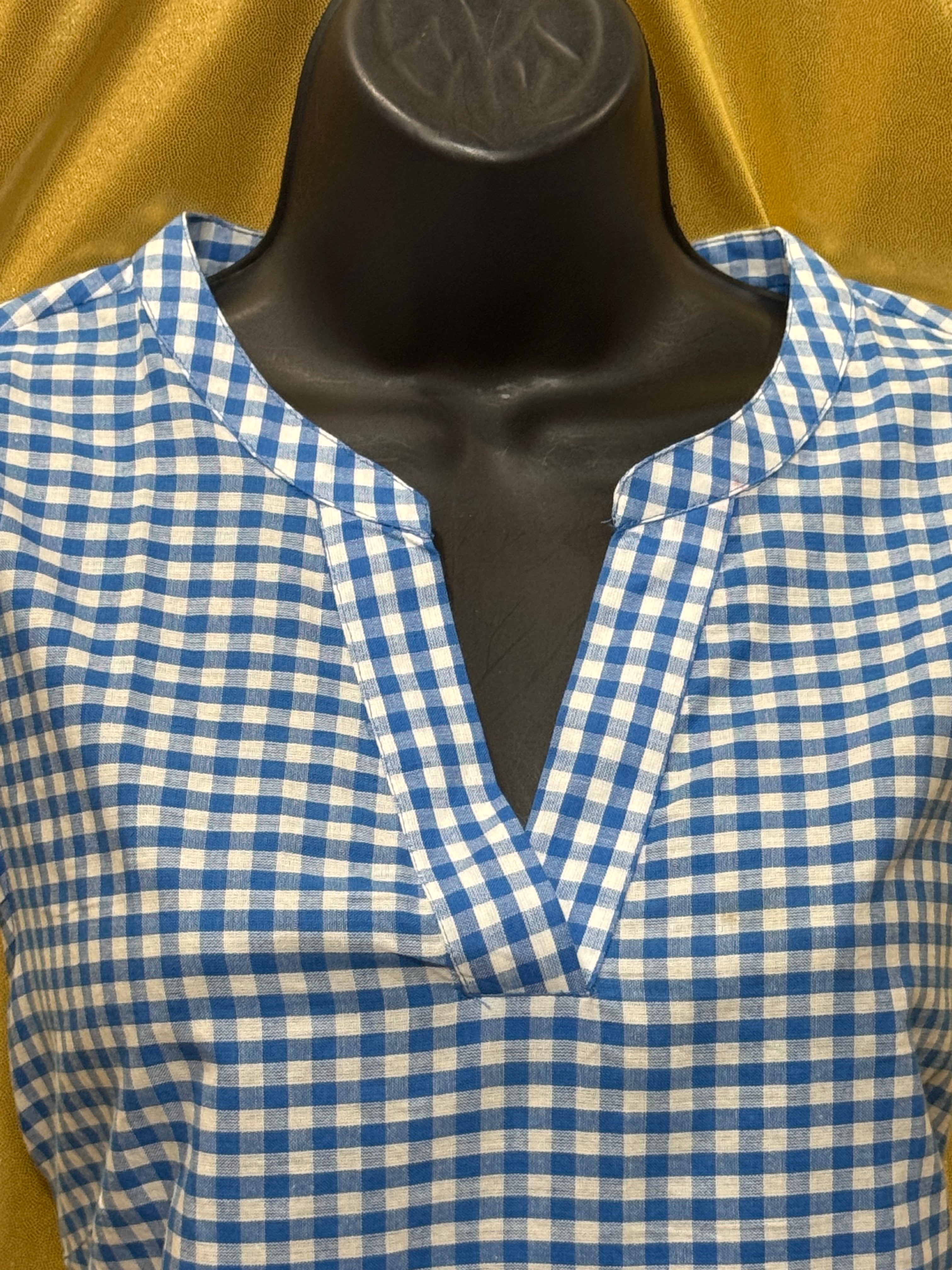 American Sweetheart Blue Gingham V-Neck Blouse Med 100% Cotton Scalloped Hem