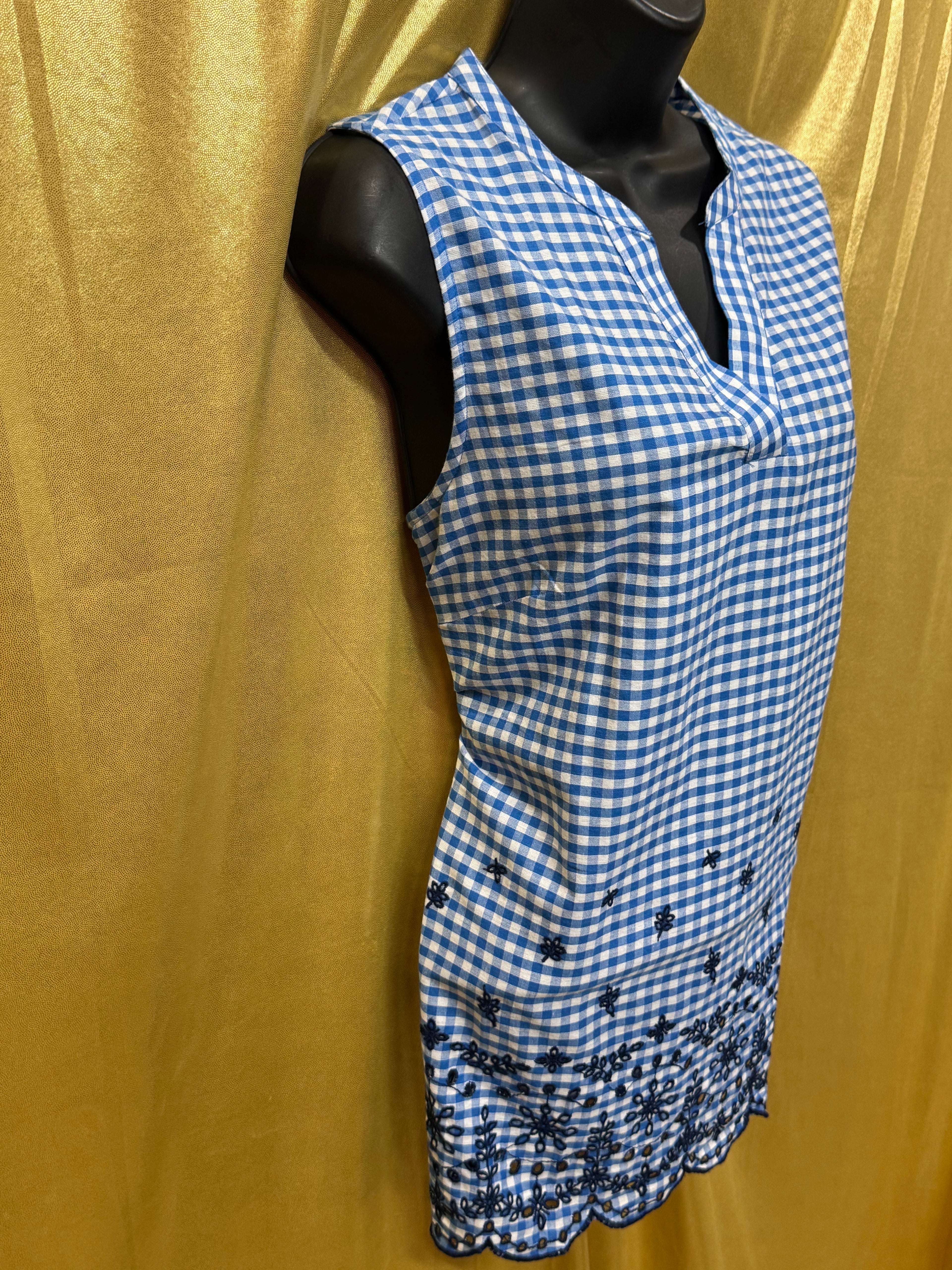 American Sweetheart Blue Gingham V-Neck Blouse Med 100% Cotton Scalloped Hem