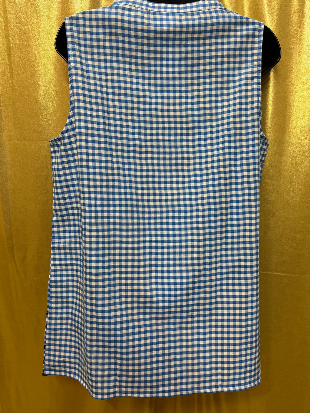 American Sweetheart Blue Gingham V-Neck Blouse Med 100% Cotton Scalloped Hem