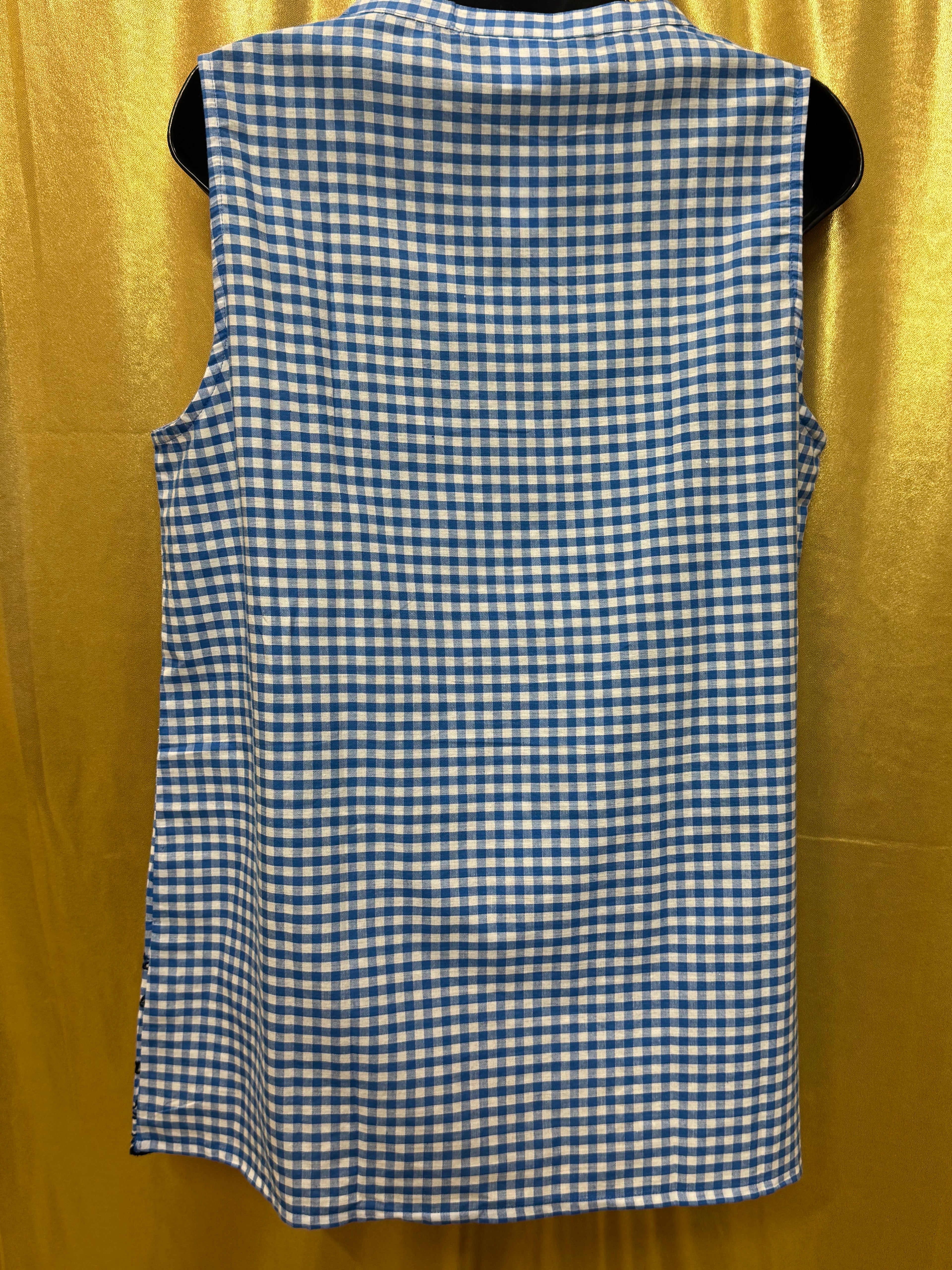 American Sweetheart Blue Gingham V-Neck Blouse Med 100% Cotton Scalloped Hem