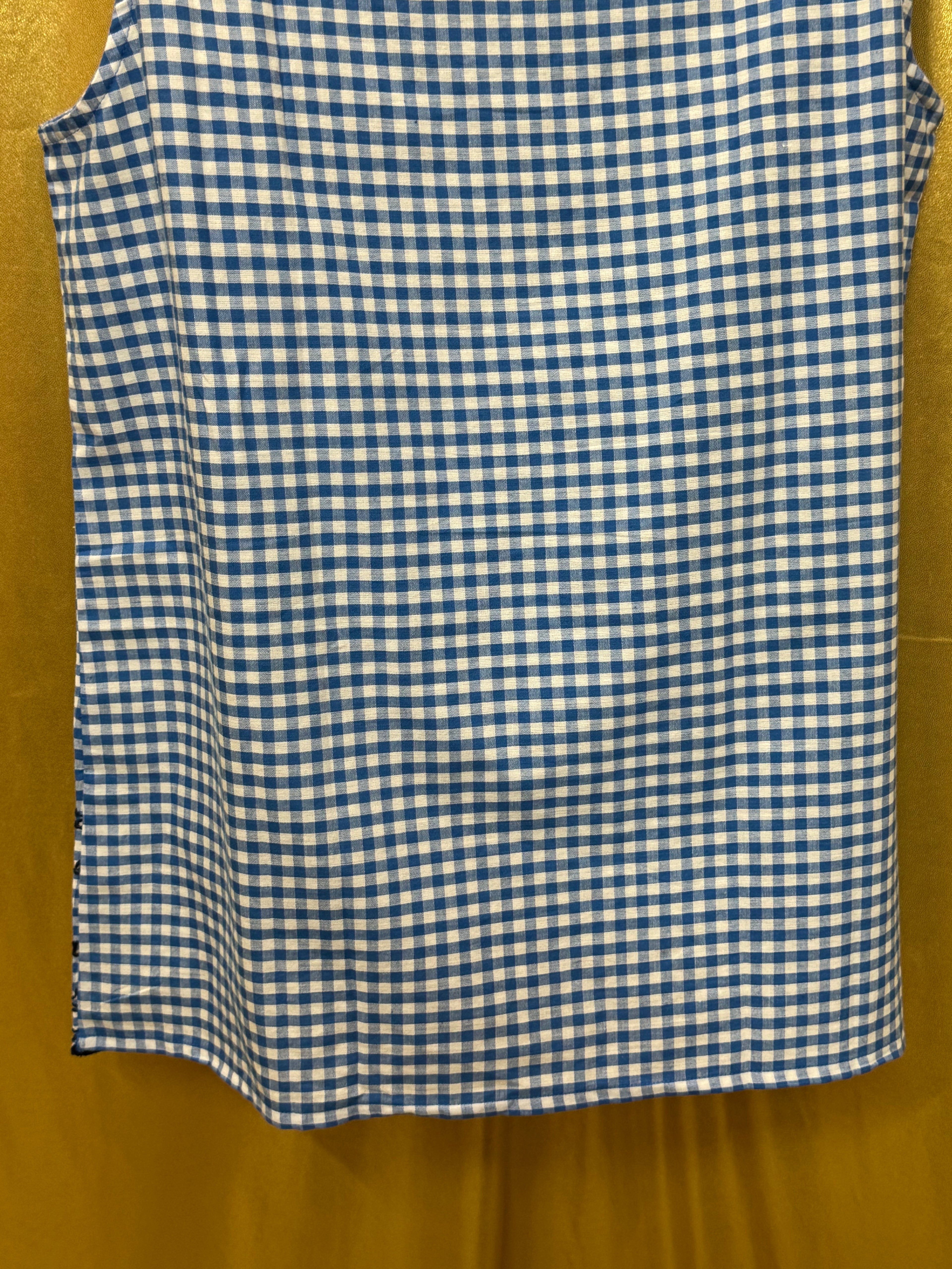 American Sweetheart Blue Gingham V-Neck Blouse Med 100% Cotton Scalloped Hem