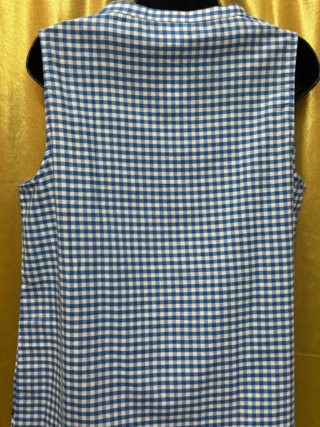American Sweetheart Blue Gingham V-Neck Blouse Med 100% Cotton Scalloped Hem