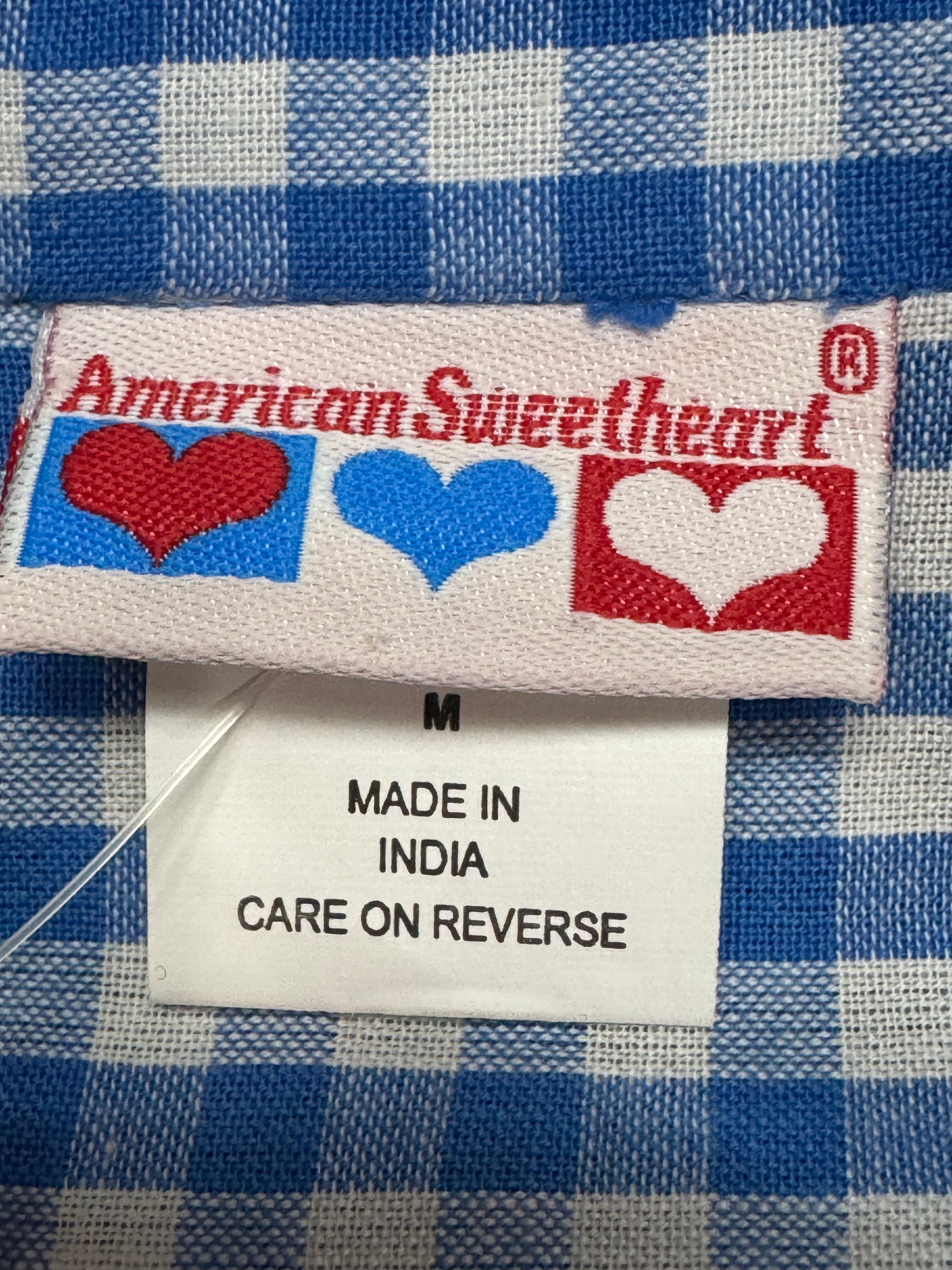 American Sweetheart Blue Gingham V-Neck Blouse Med 100% Cotton Scalloped Hem