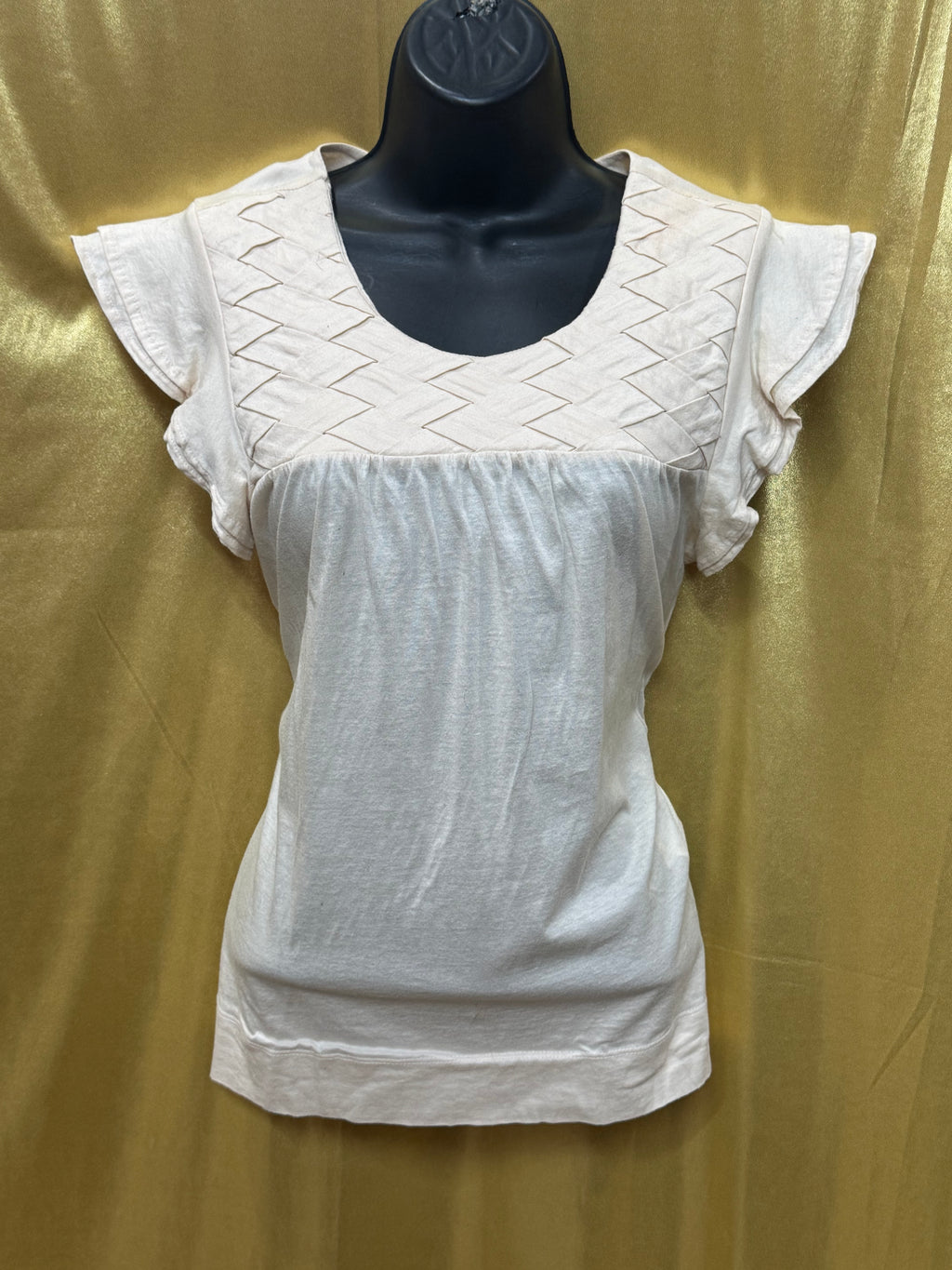 Zara Collection Cream Cotton Blouse | Smocked Yoke Ruffle Cap Sleeve Top Medium