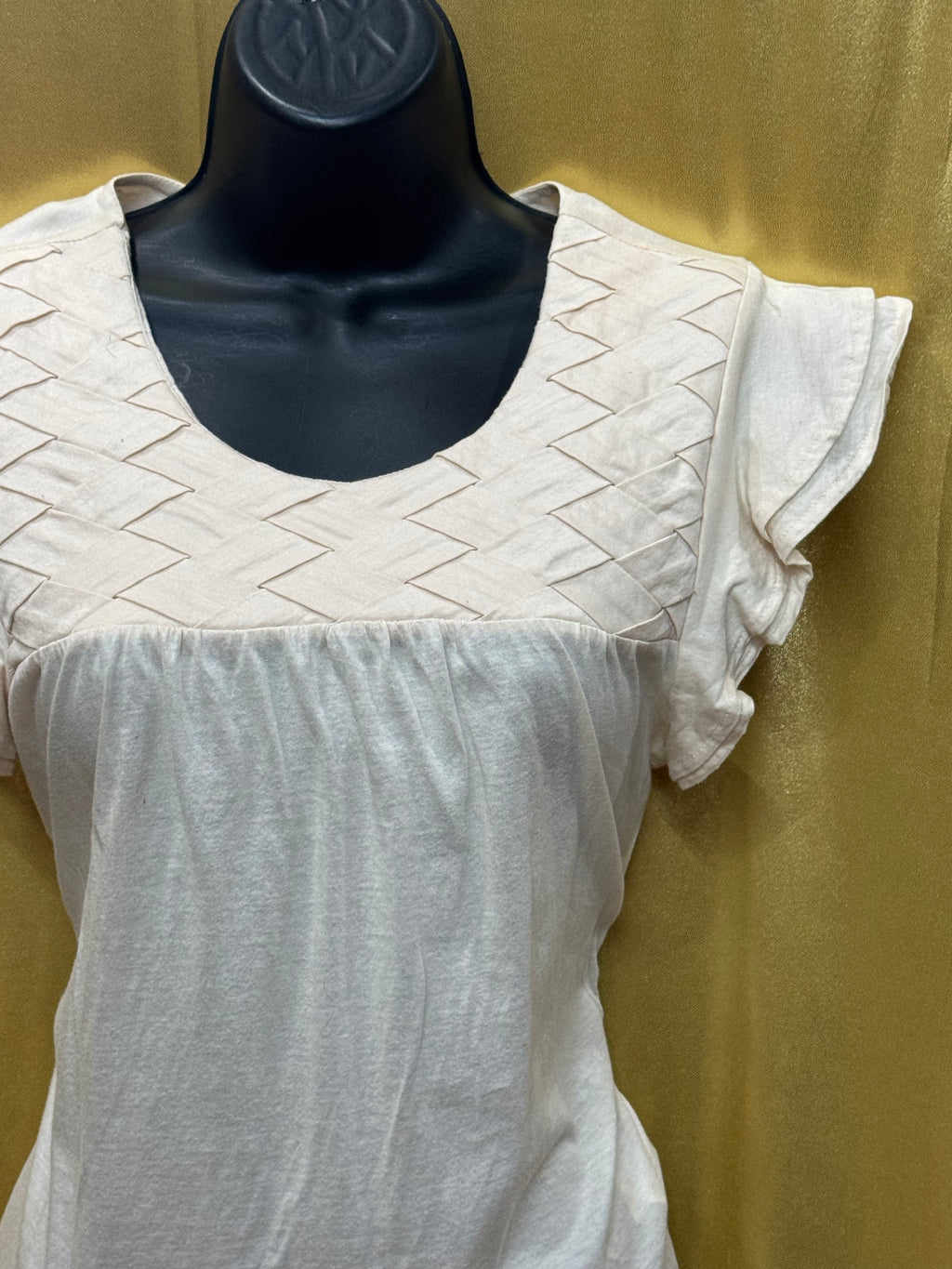 Zara Collection Cream Cotton Blouse | Smocked Yoke Ruffle Cap Sleeve Top Medium