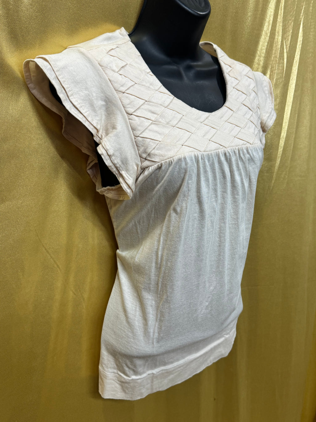 Zara Collection Cream Cotton Blouse | Smocked Yoke Ruffle Cap Sleeve Top Medium