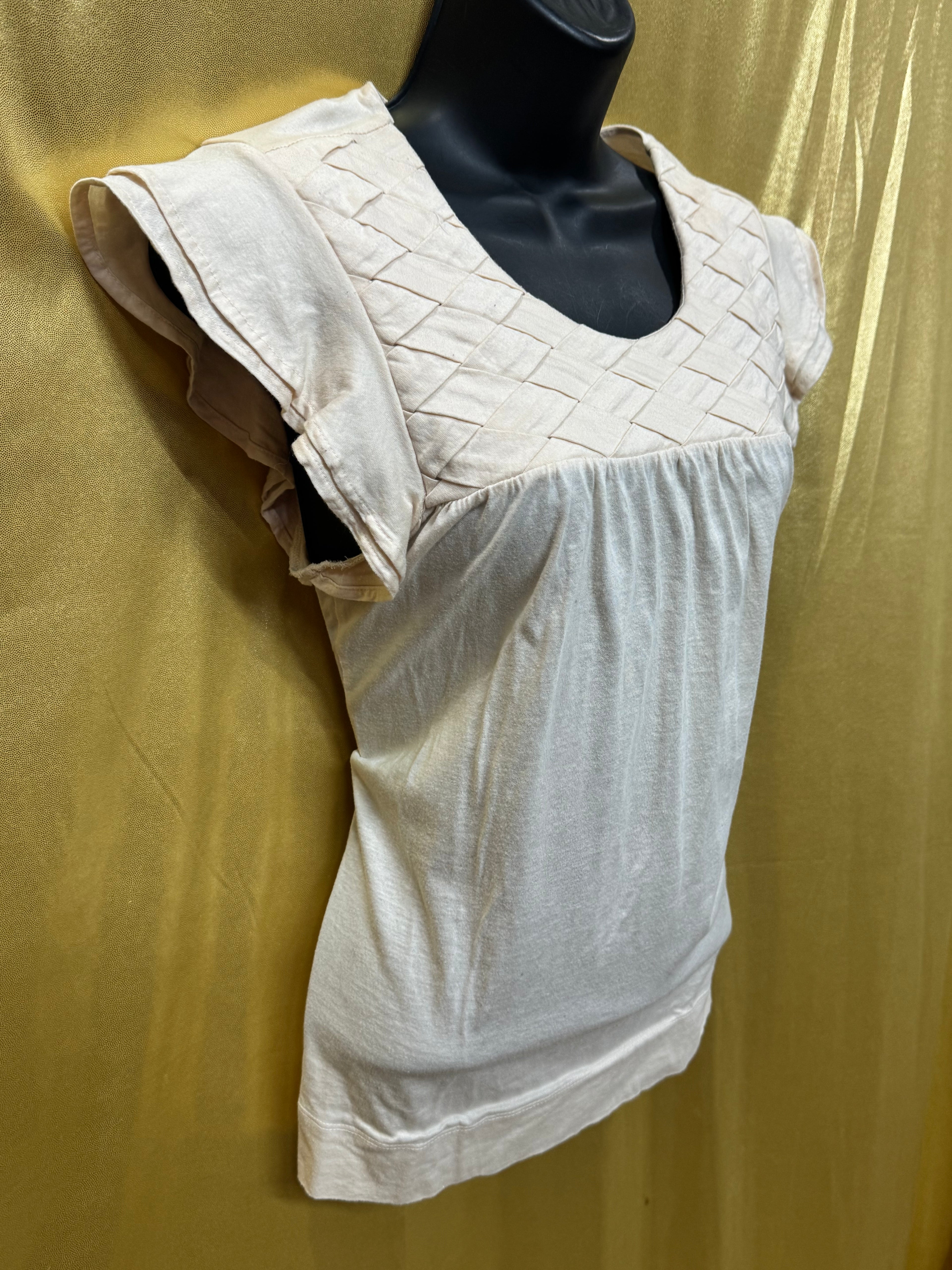 Zara Collection Cream Cotton Blouse | Smocked Yoke Ruffle Cap Sleeve Top Medium