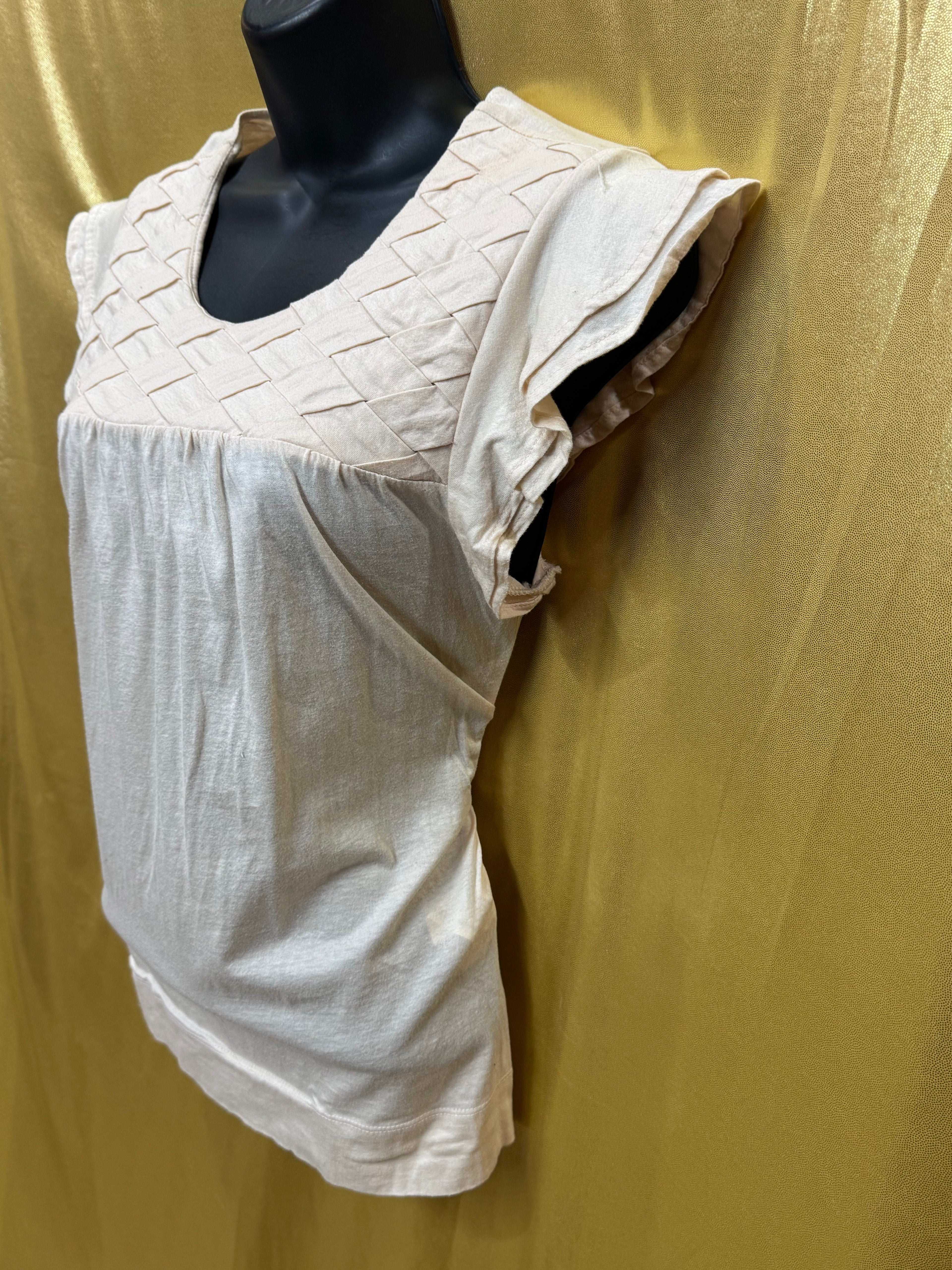 Zara Collection Cream Cotton Blouse | Smocked Yoke Ruffle Cap Sleeve Top Medium