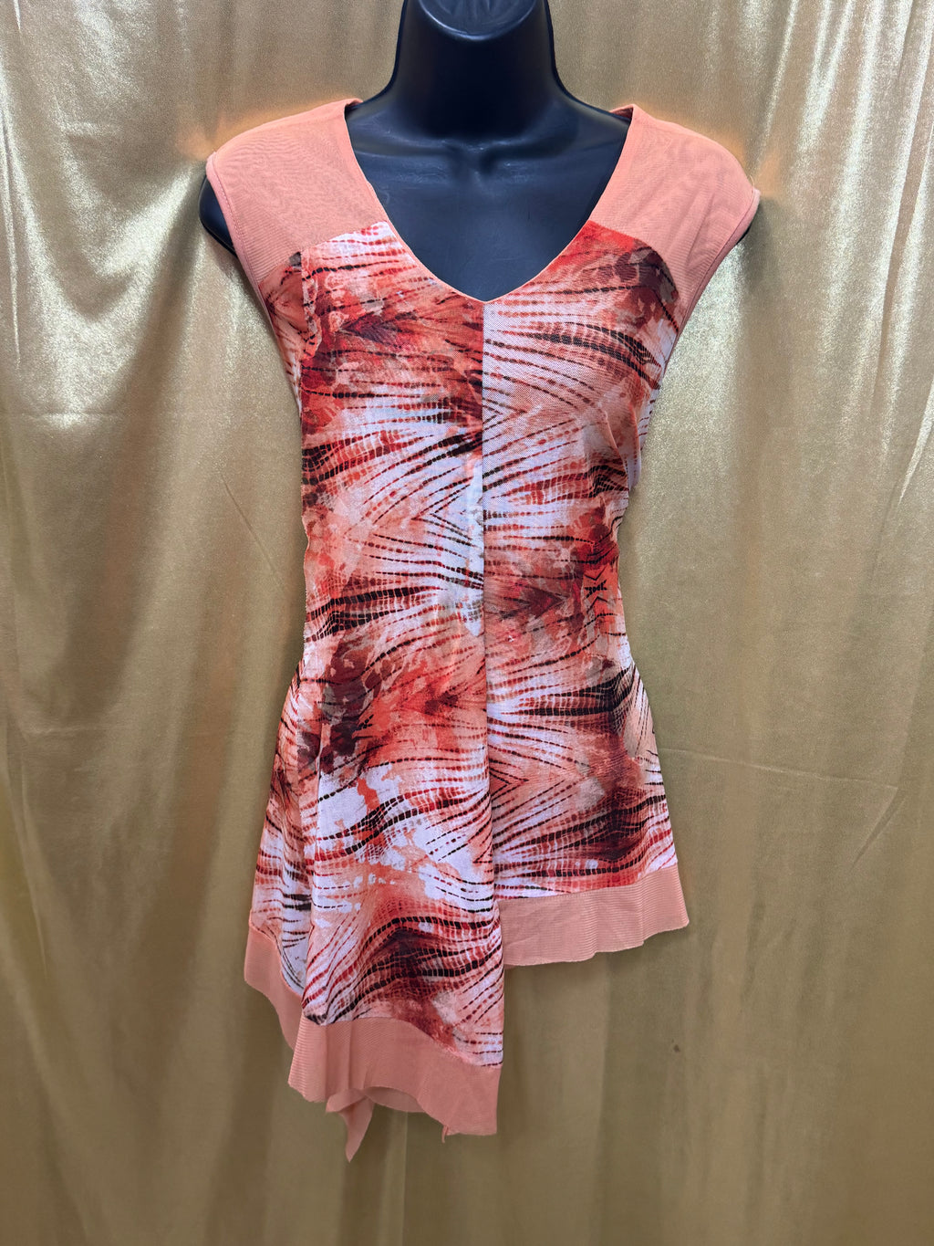 New Directions Asymmetric Hem Tunic Top Peach Orange Patterned Medium
