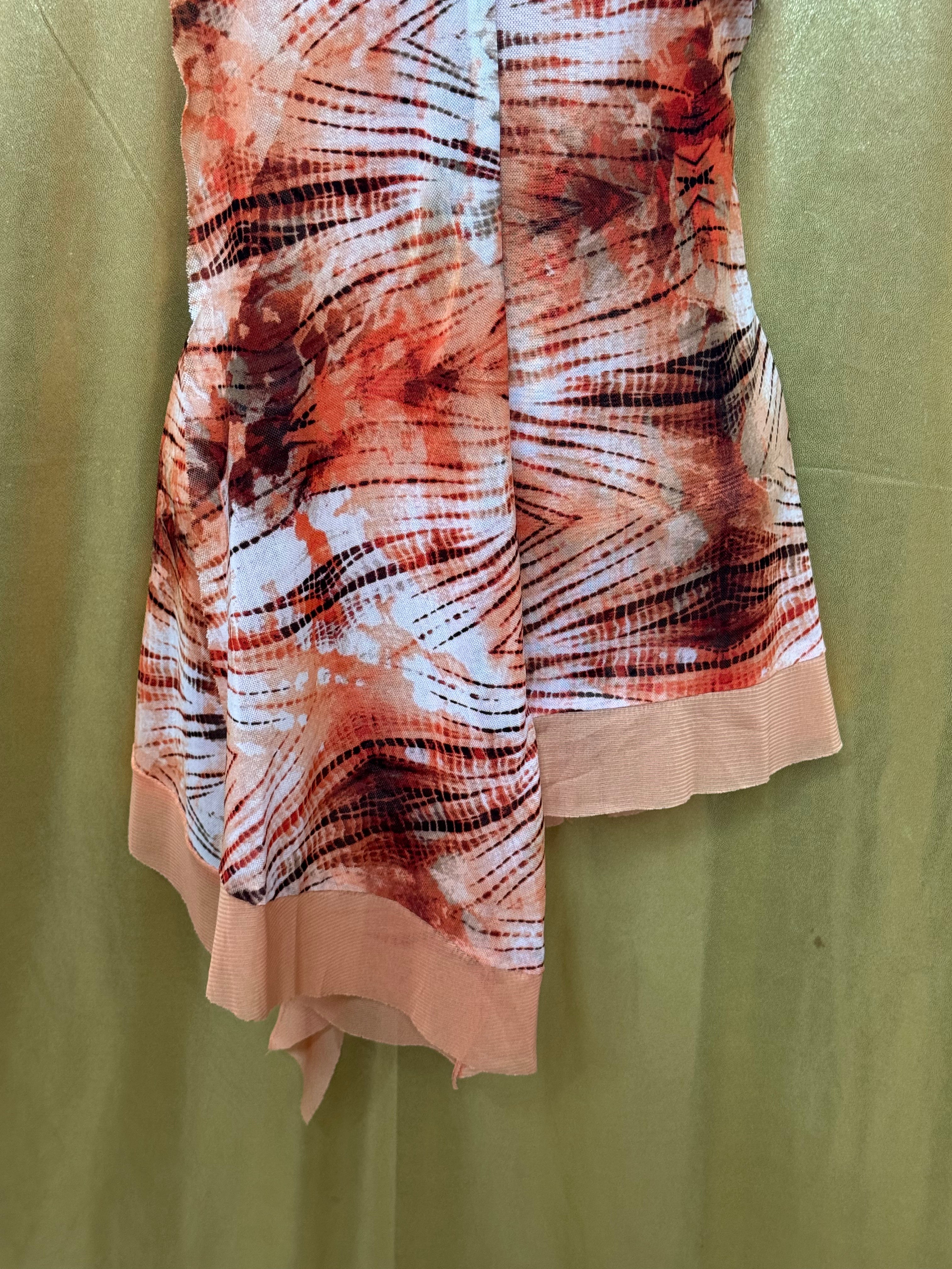 New Directions Asymmetric Hem Tunic Top Peach Orange Patterned Medium