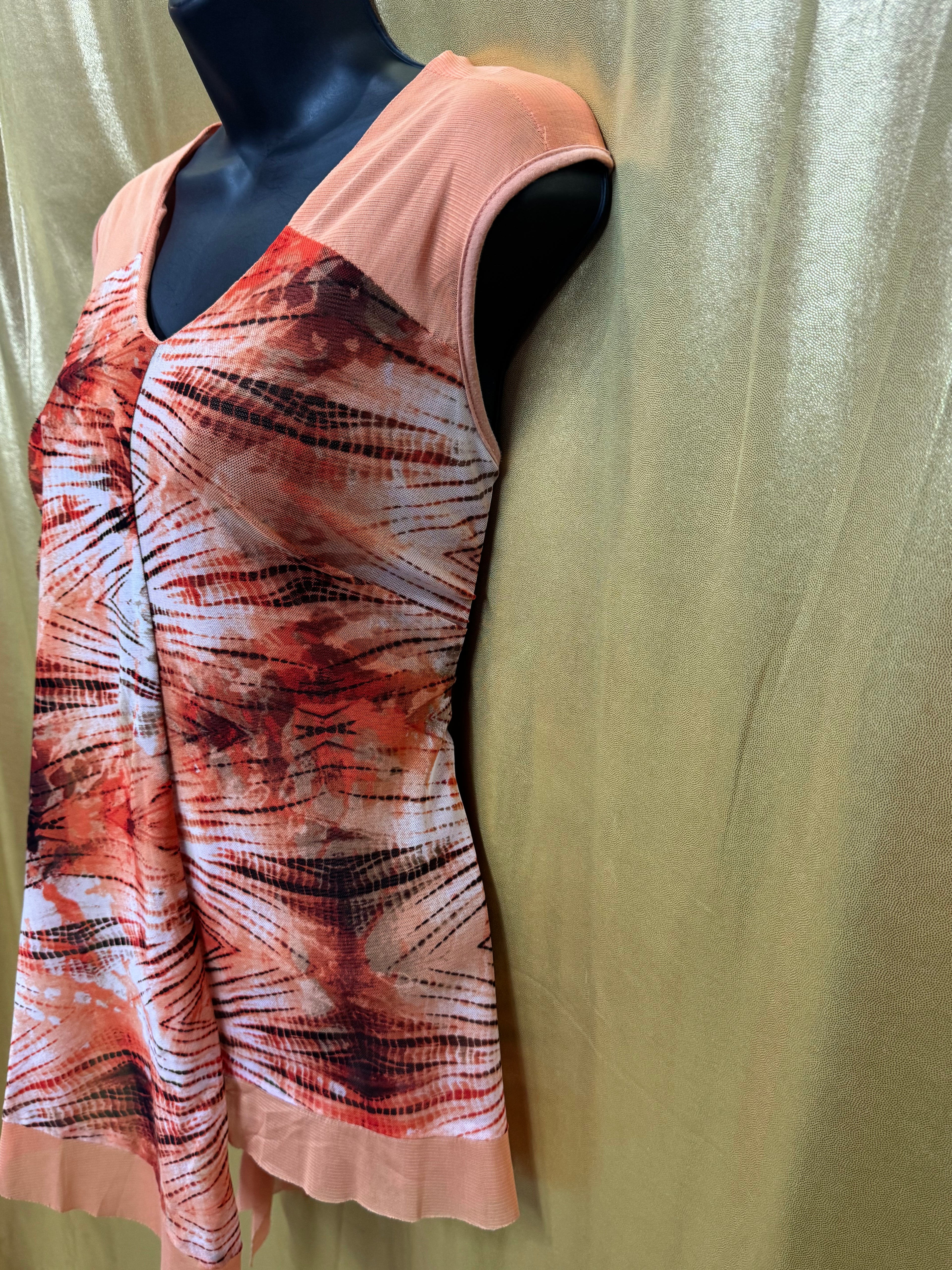New Directions Asymmetric Hem Tunic Top Peach Orange Patterned Medium