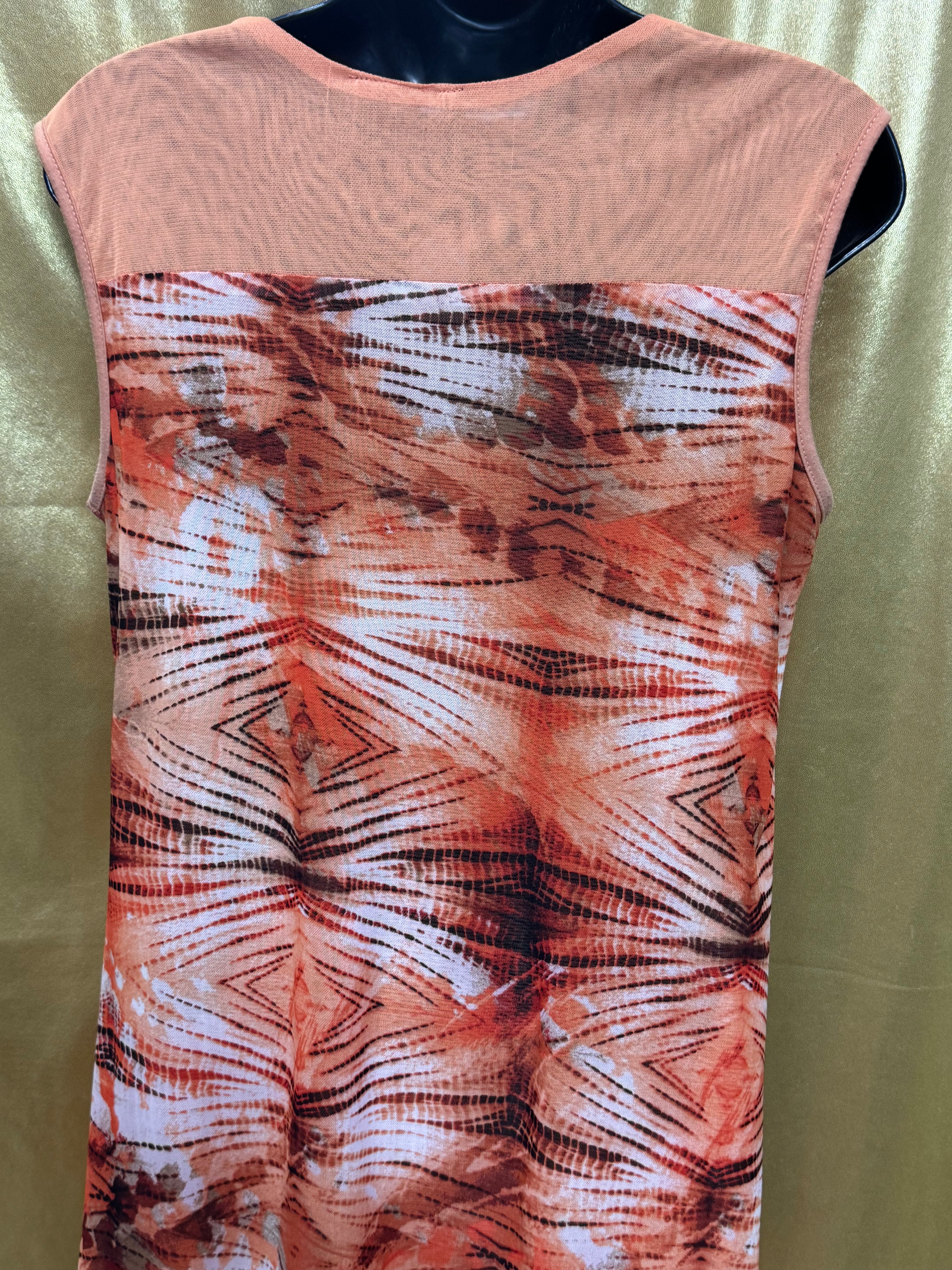 New Directions Asymmetric Hem Tunic Top Peach Orange Patterned Medium