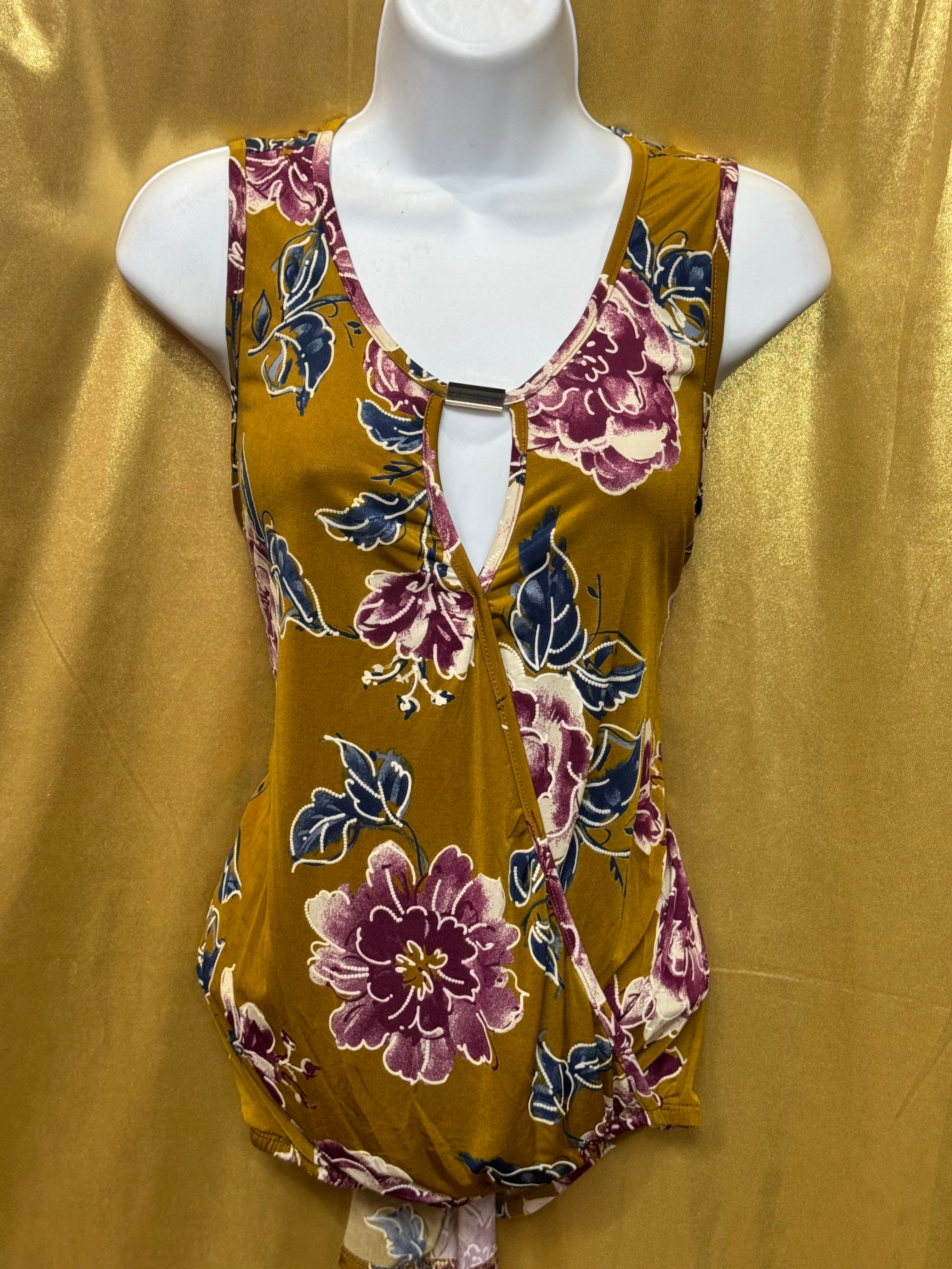 Emi & Joe Mustard Floral Sleeveless V-Neck Top, Size M