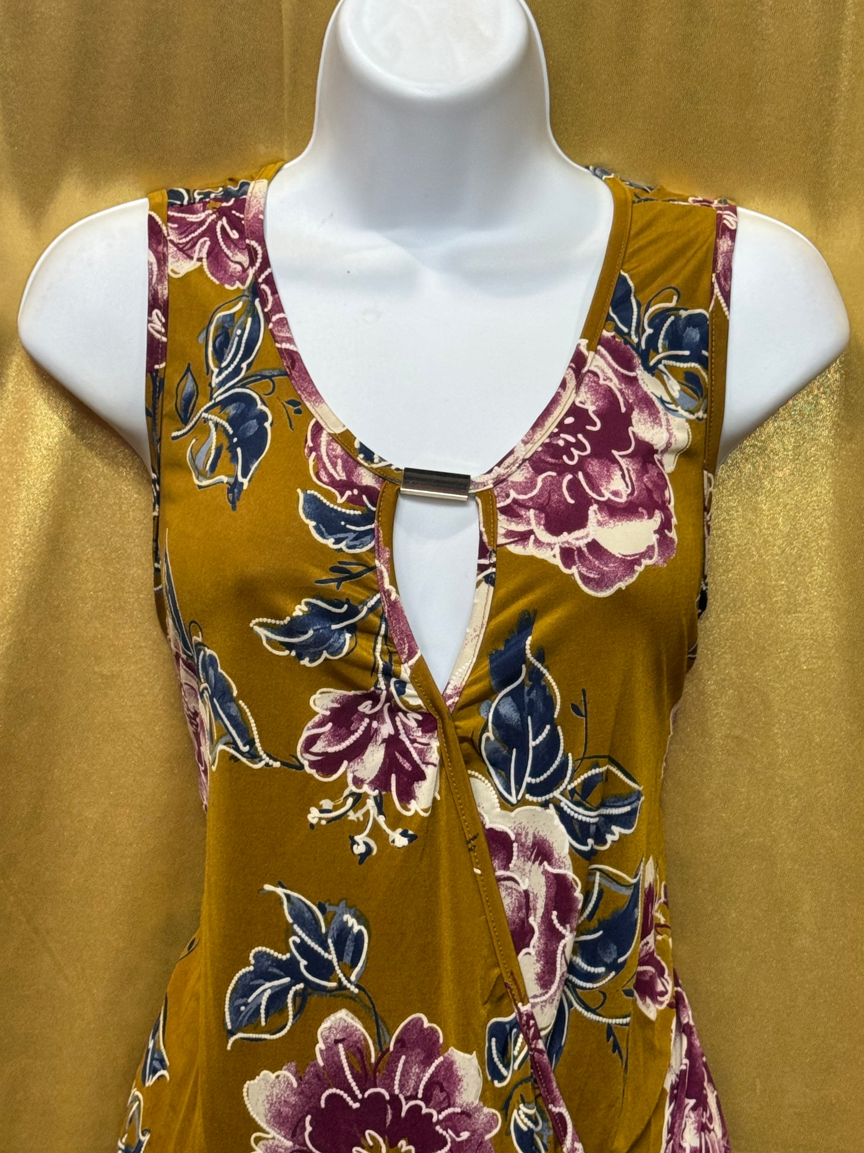 Emi & Joe Mustard Floral Sleeveless V-Neck Top, Size M