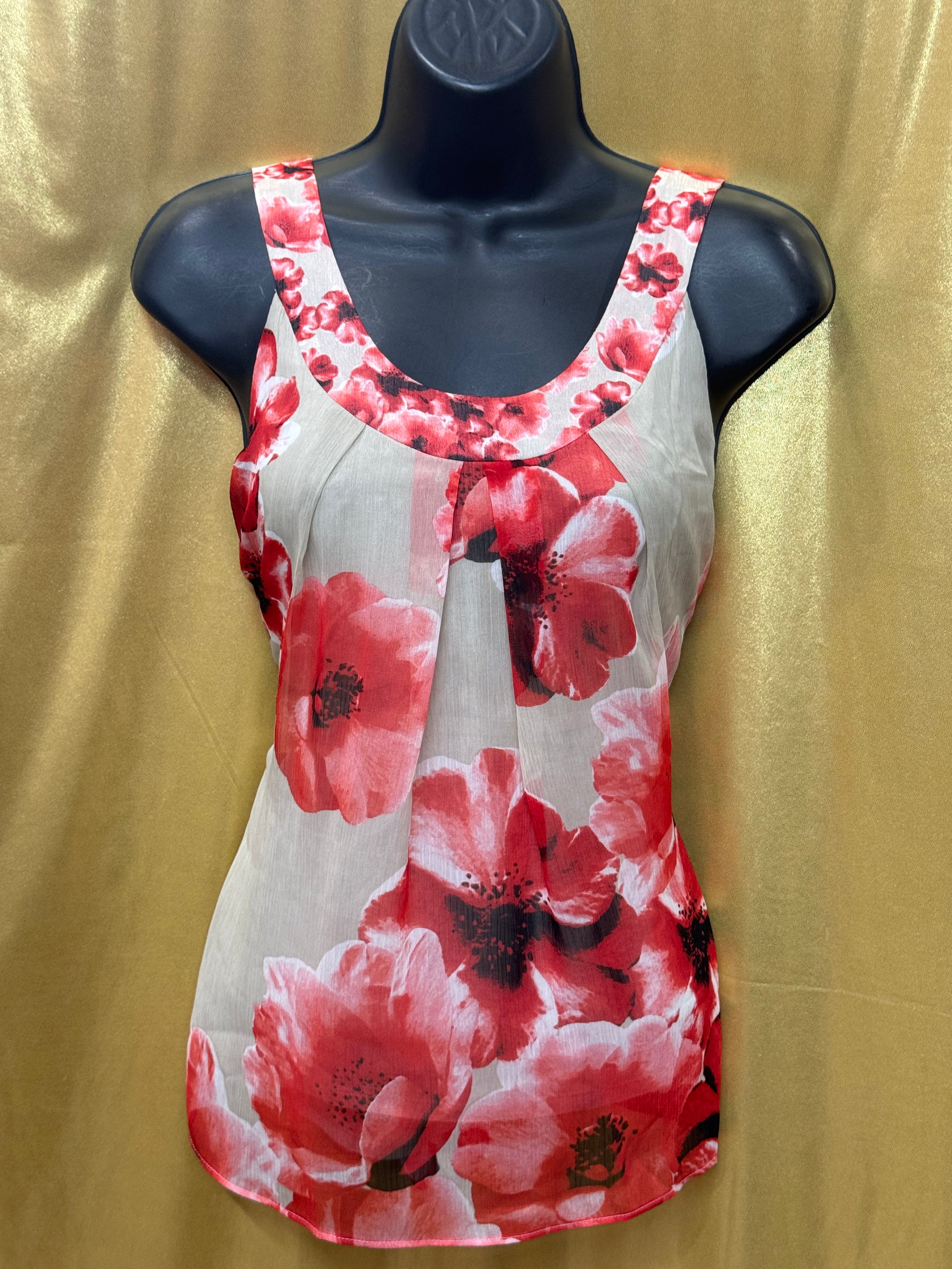 New York & Company Red Floral Pleated Chiffon Tank Top Blouse - Size Medium