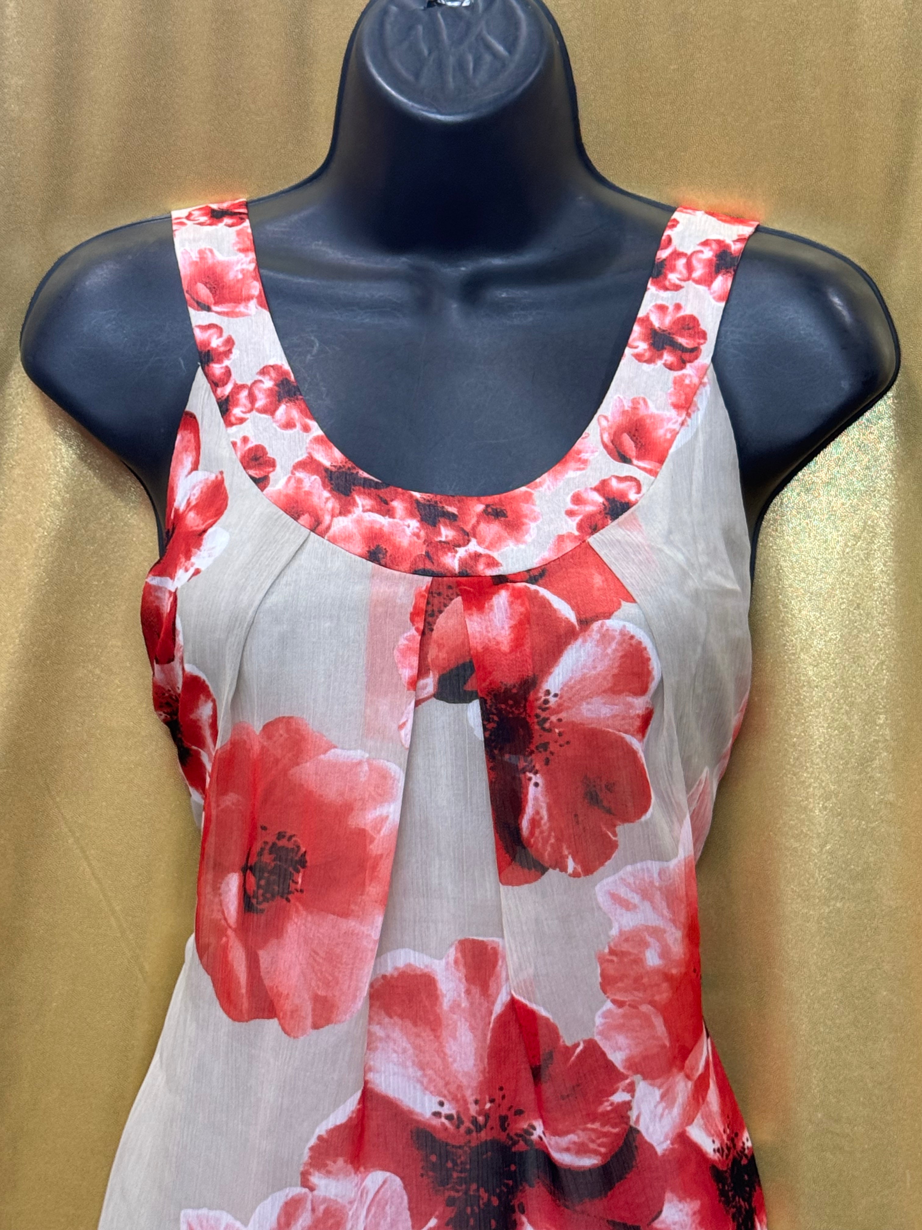 New York & Company Red Floral Pleated Chiffon Tank Top Blouse - Size Medium