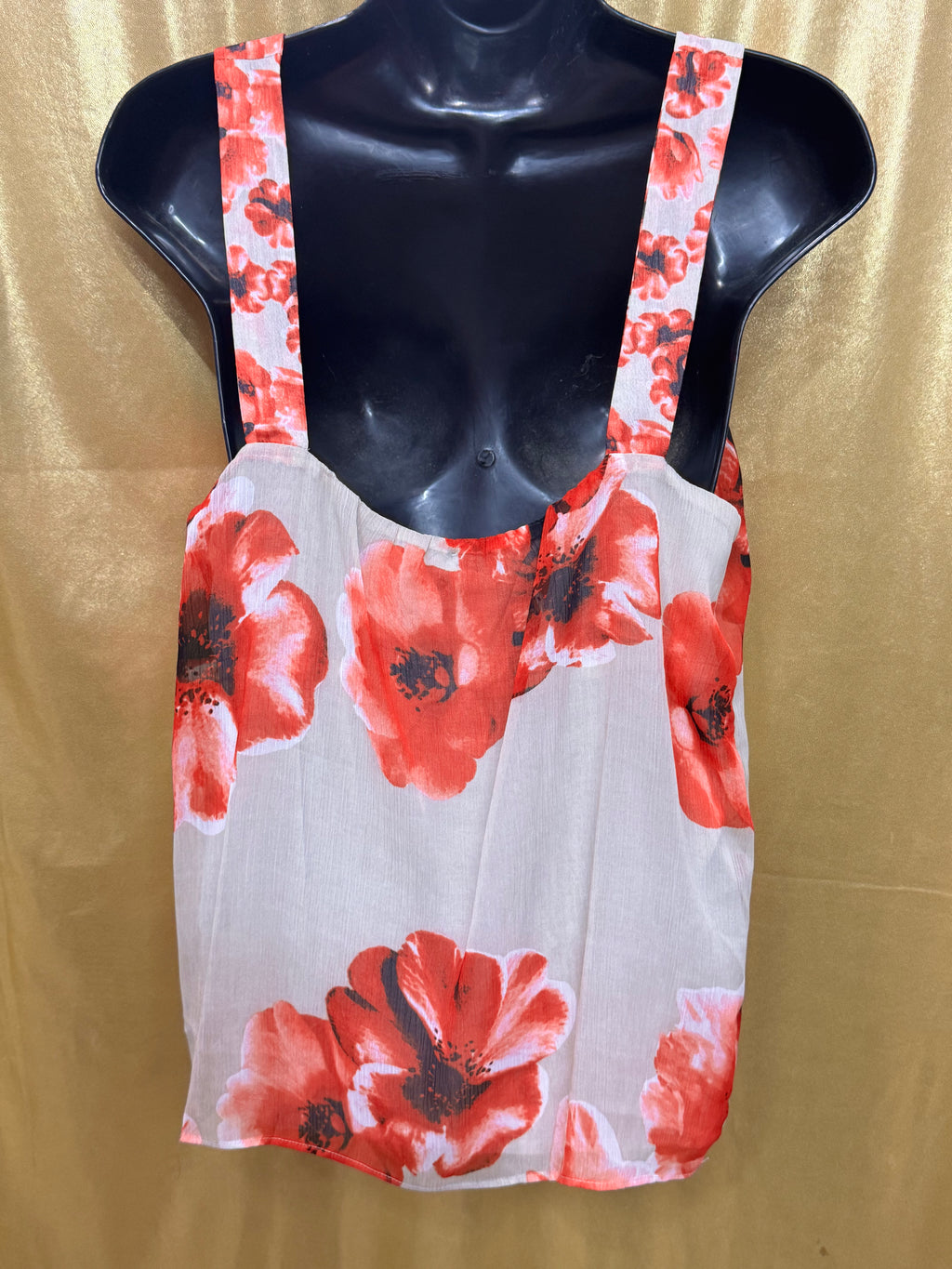 New York & Company Red Floral Pleated Chiffon Tank Top Blouse - Size Medium