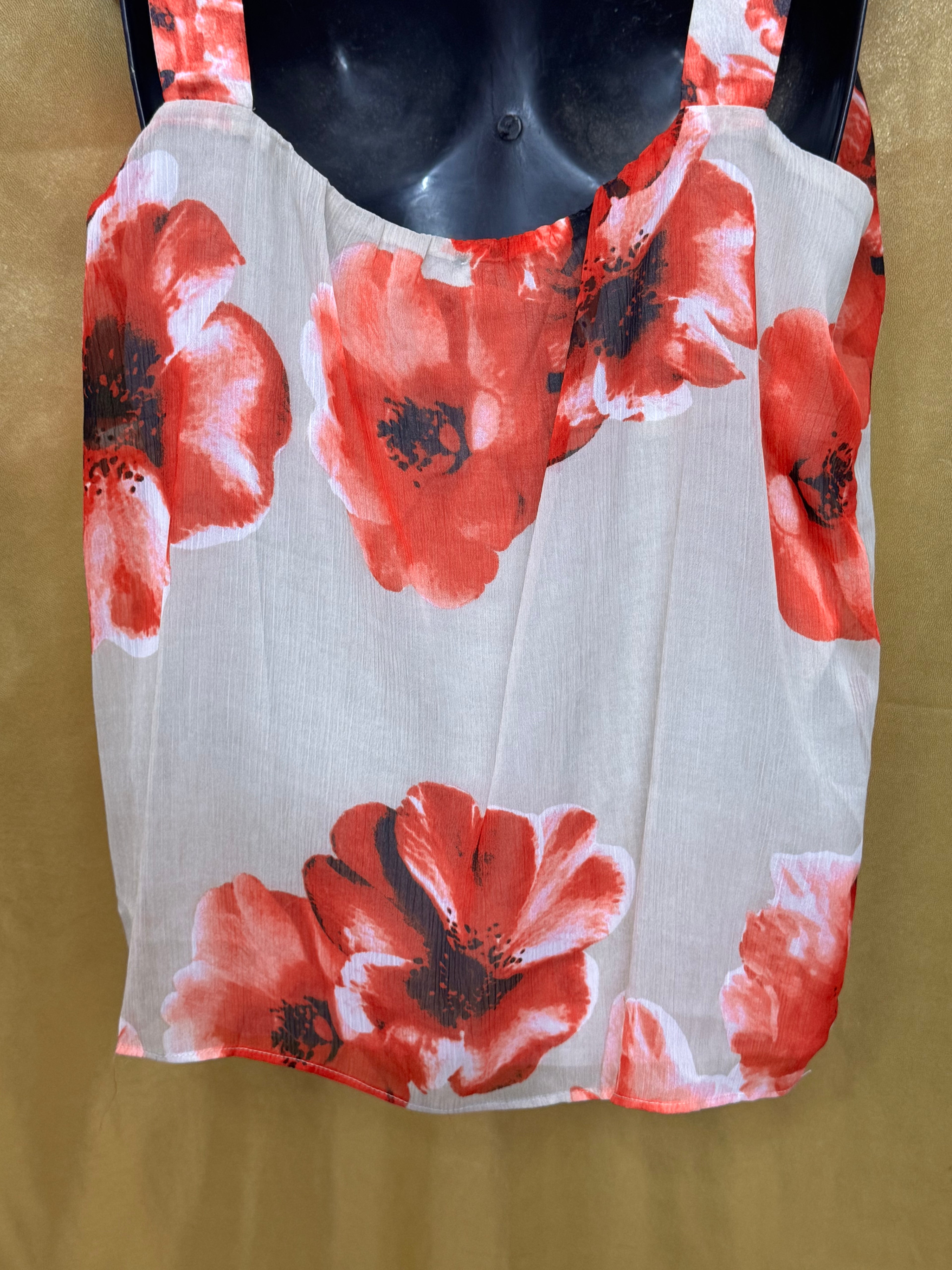 New York & Company Red Floral Pleated Chiffon Tank Top Blouse - Size Medium