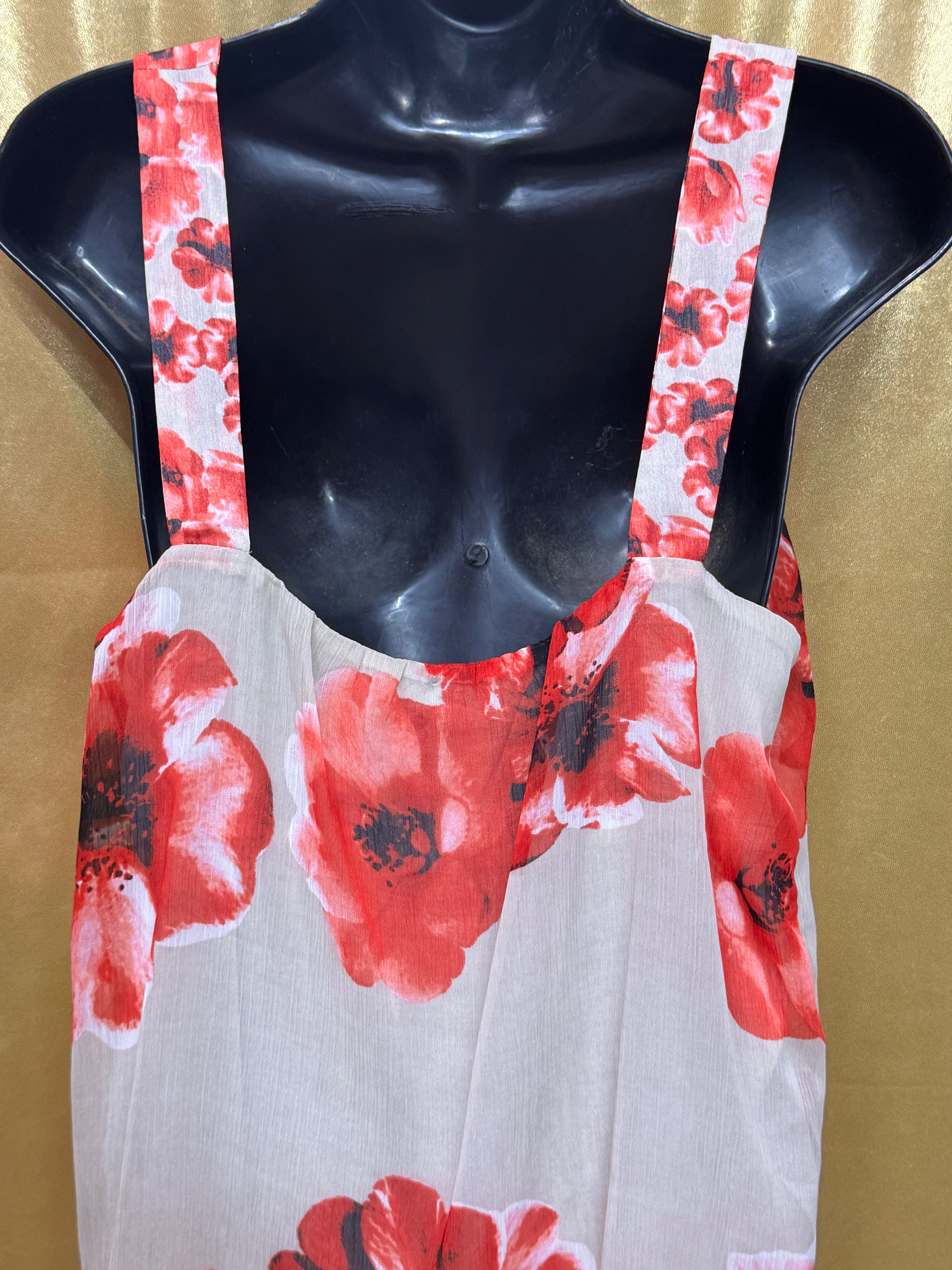New York & Company Red Floral Pleated Chiffon Tank Top Blouse - Size Medium