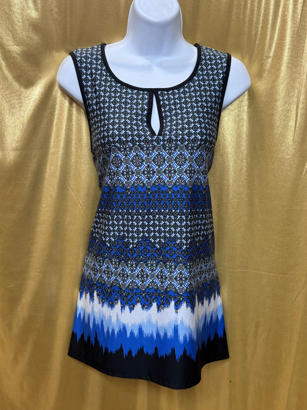 New Directions Blue Geometric Keyhole Tunic Top Size M
