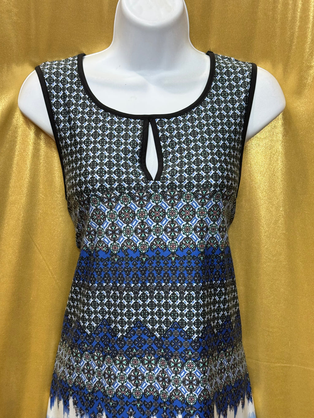 New Directions Blue Geometric Keyhole Tunic Top Size M