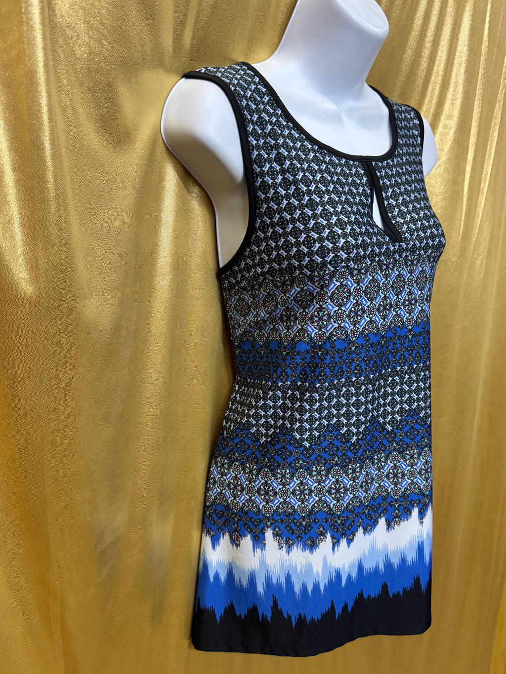 New Directions Blue Geometric Keyhole Tunic Top Size M