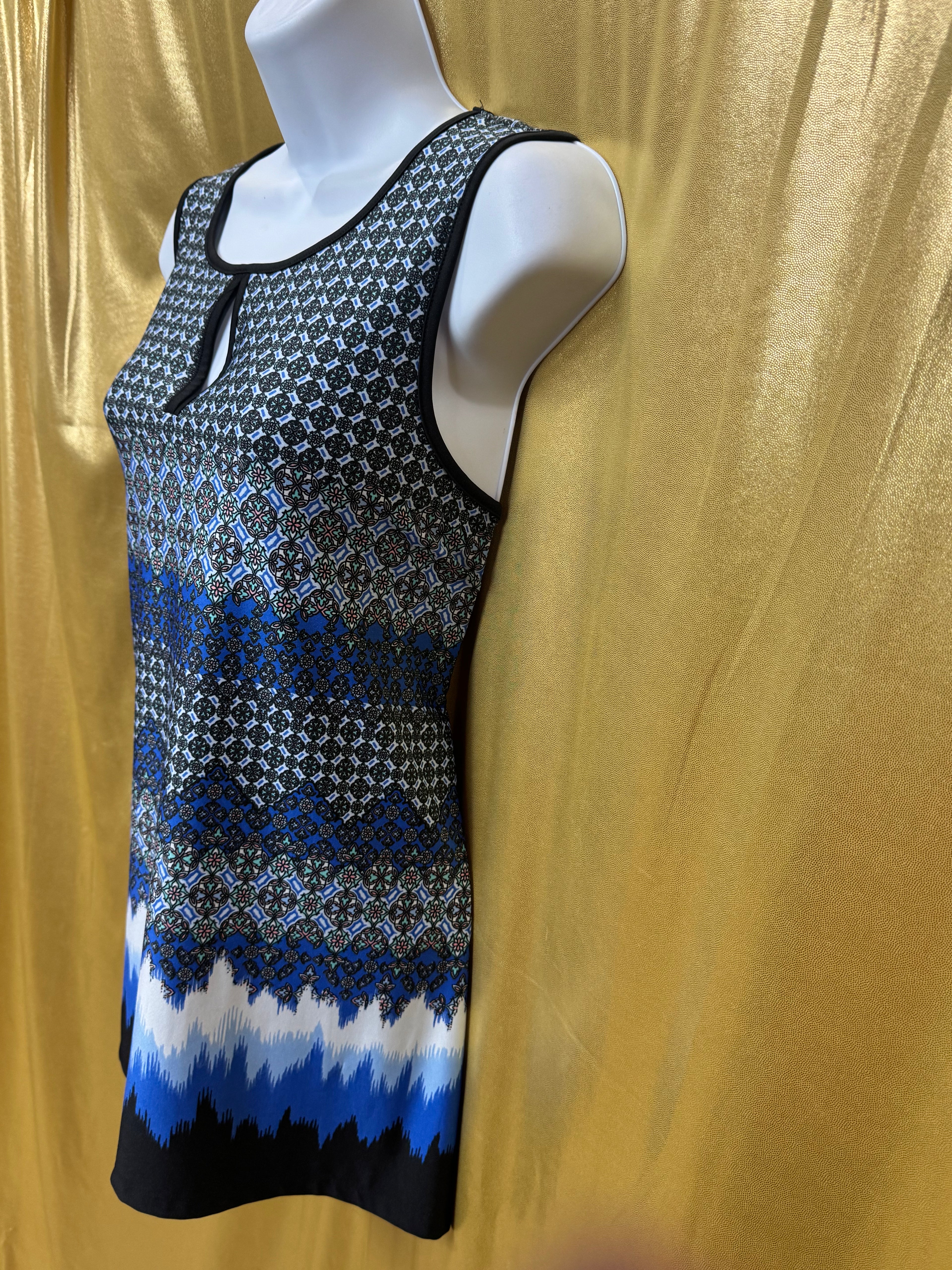 New Directions Blue Geometric Keyhole Tunic Top Size M