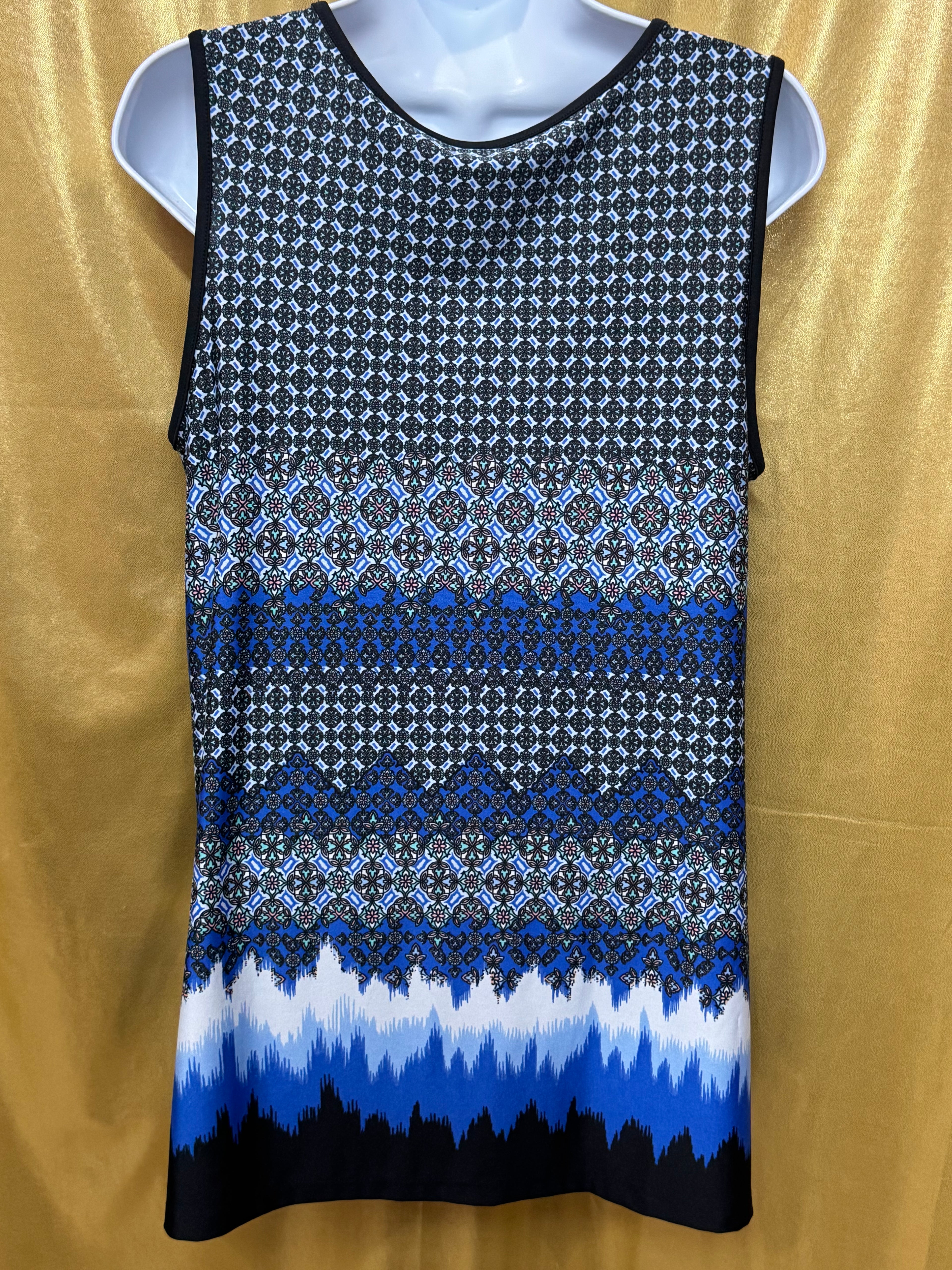 New Directions Blue Geometric Keyhole Tunic Top Size M