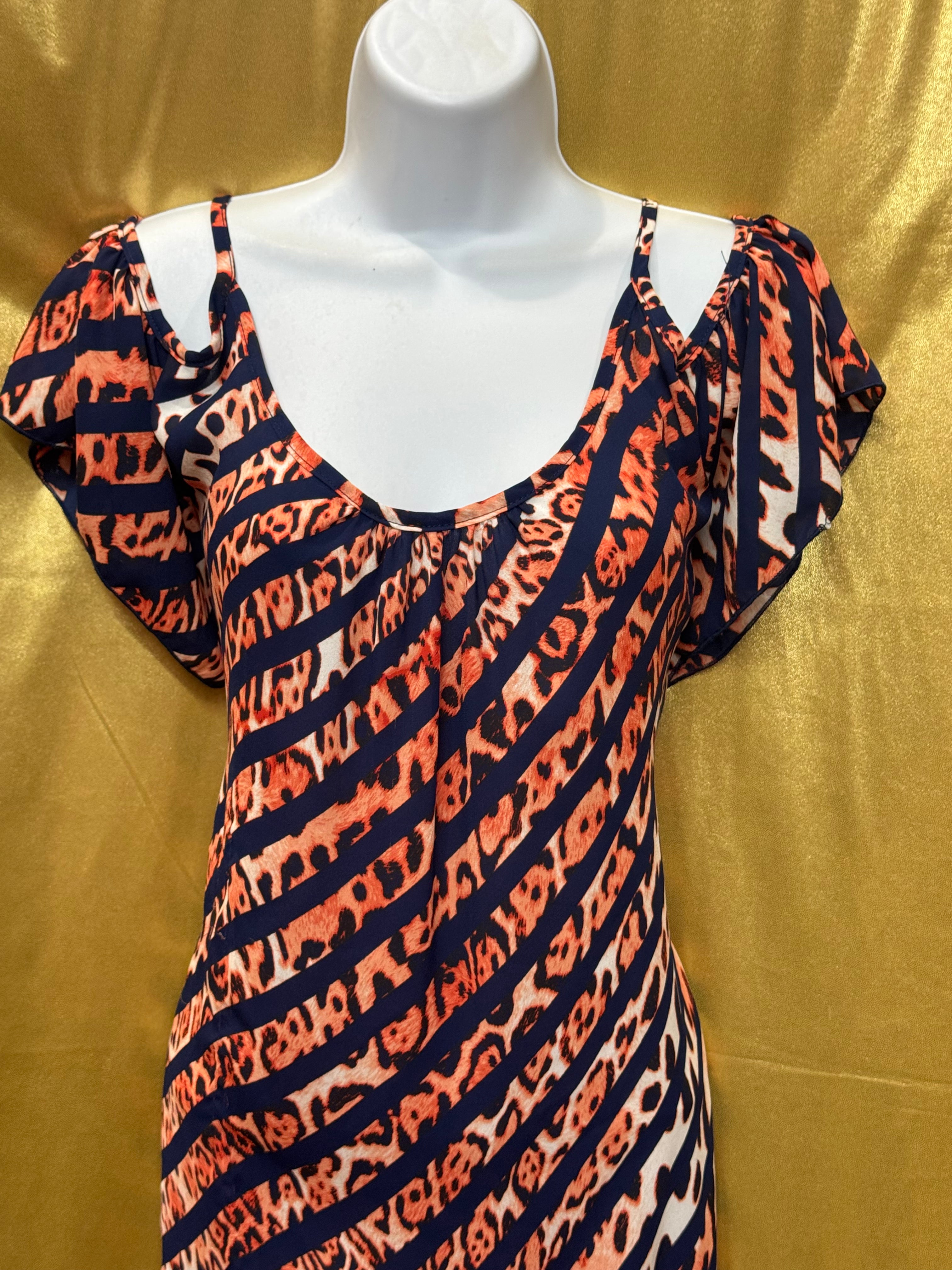 Audrey Ann Cold-Shoulder Top | Navy & Orange Animal Print | Size Medium