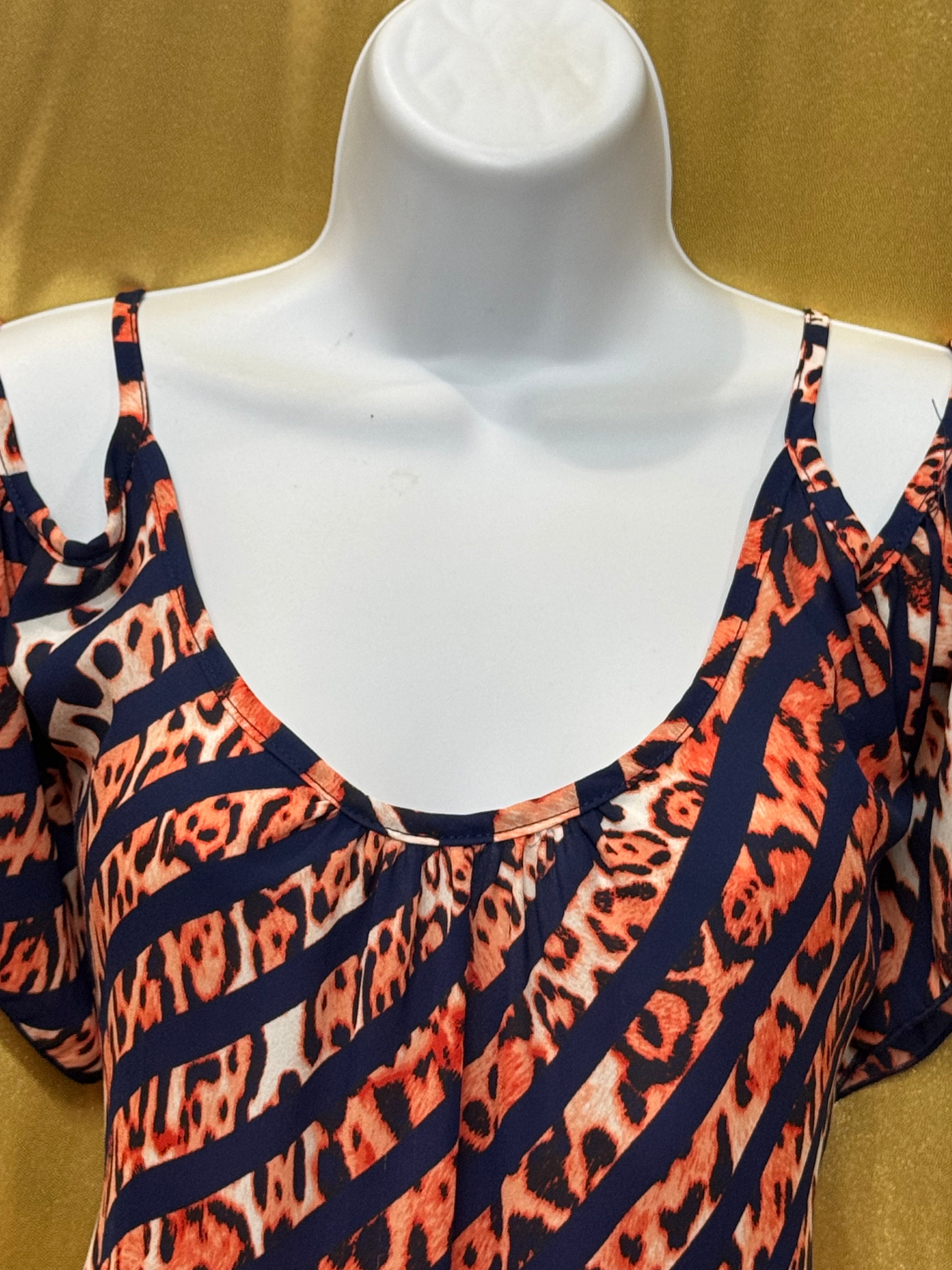 Audrey Ann Cold-Shoulder Top | Navy & Orange Animal Print | Size Medium