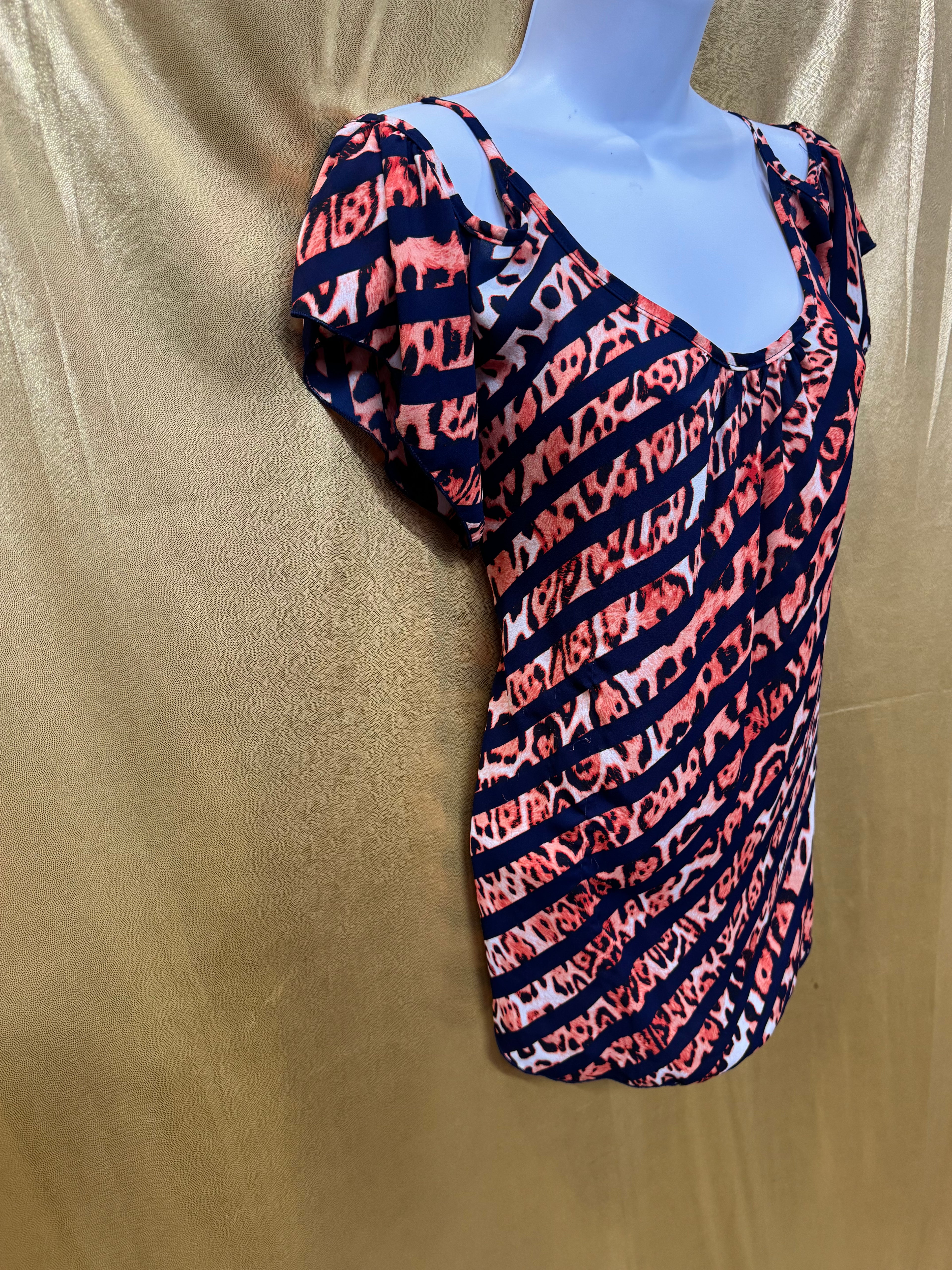 Audrey Ann Cold-Shoulder Top | Navy & Orange Animal Print | Size Medium