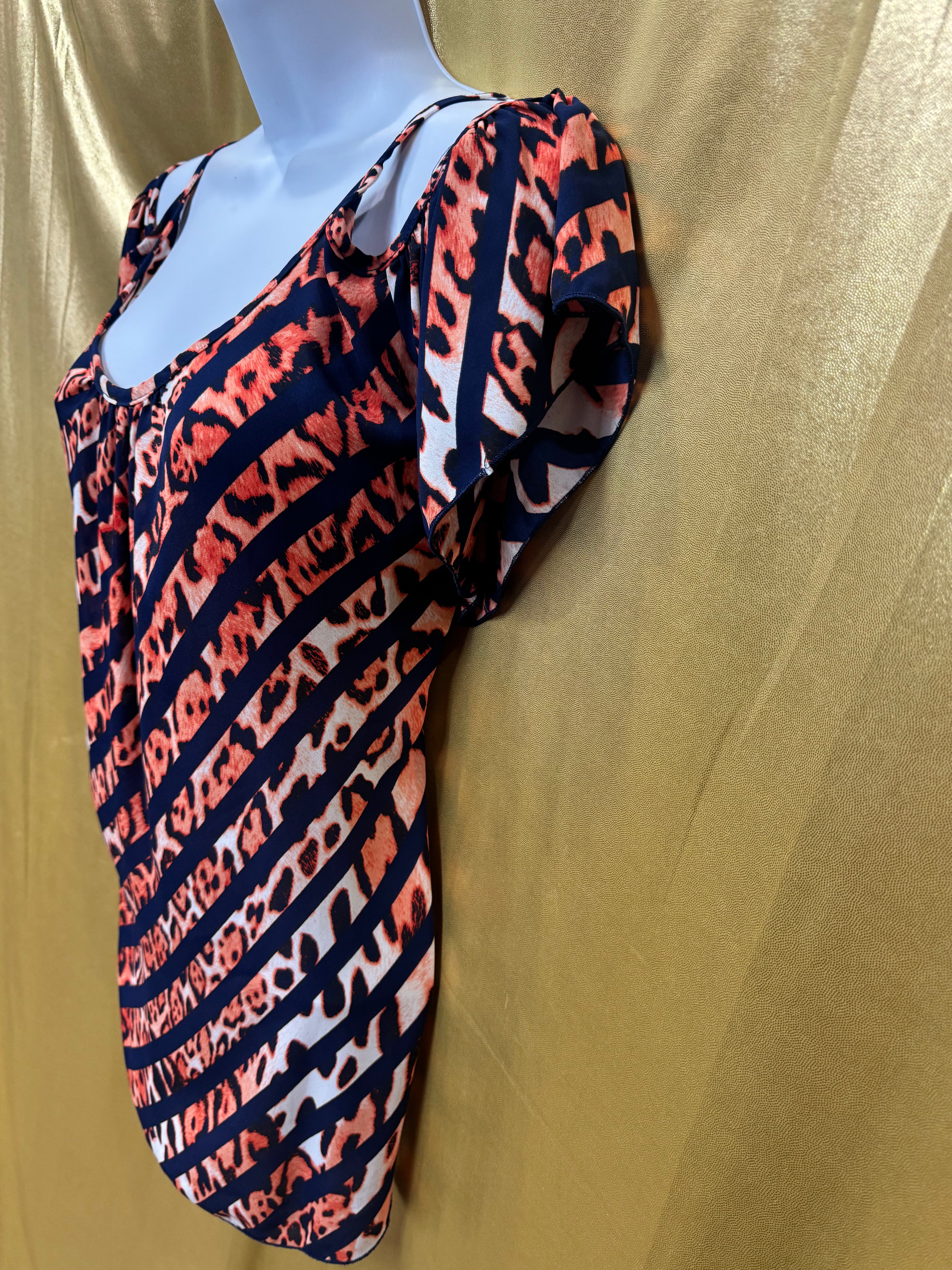Audrey Ann Cold-Shoulder Top | Navy & Orange Animal Print | Size Medium