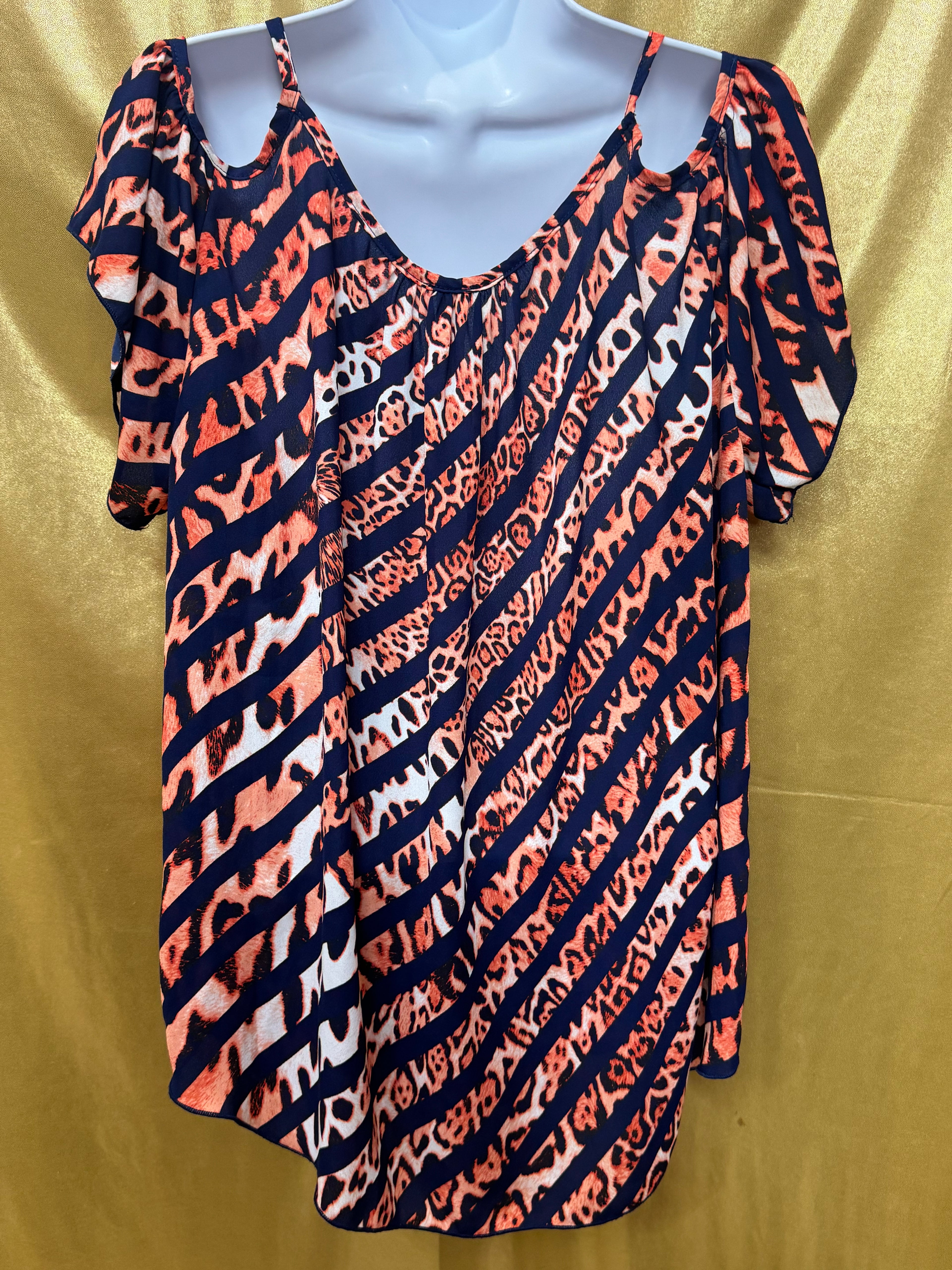 Audrey Ann Cold-Shoulder Top | Navy & Orange Animal Print | Size Medium
