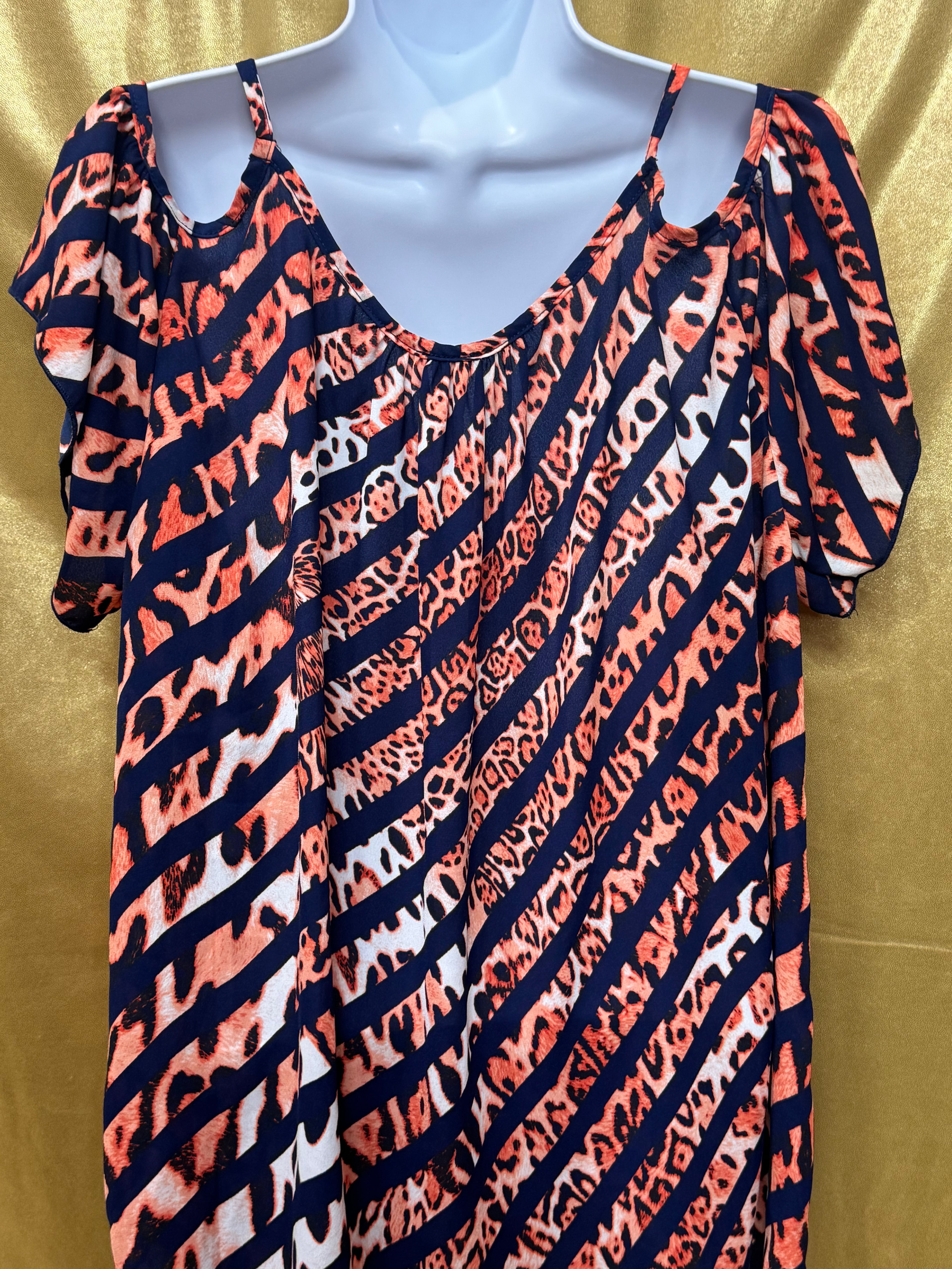 Audrey Ann Cold-Shoulder Top | Navy & Orange Animal Print | Size Medium