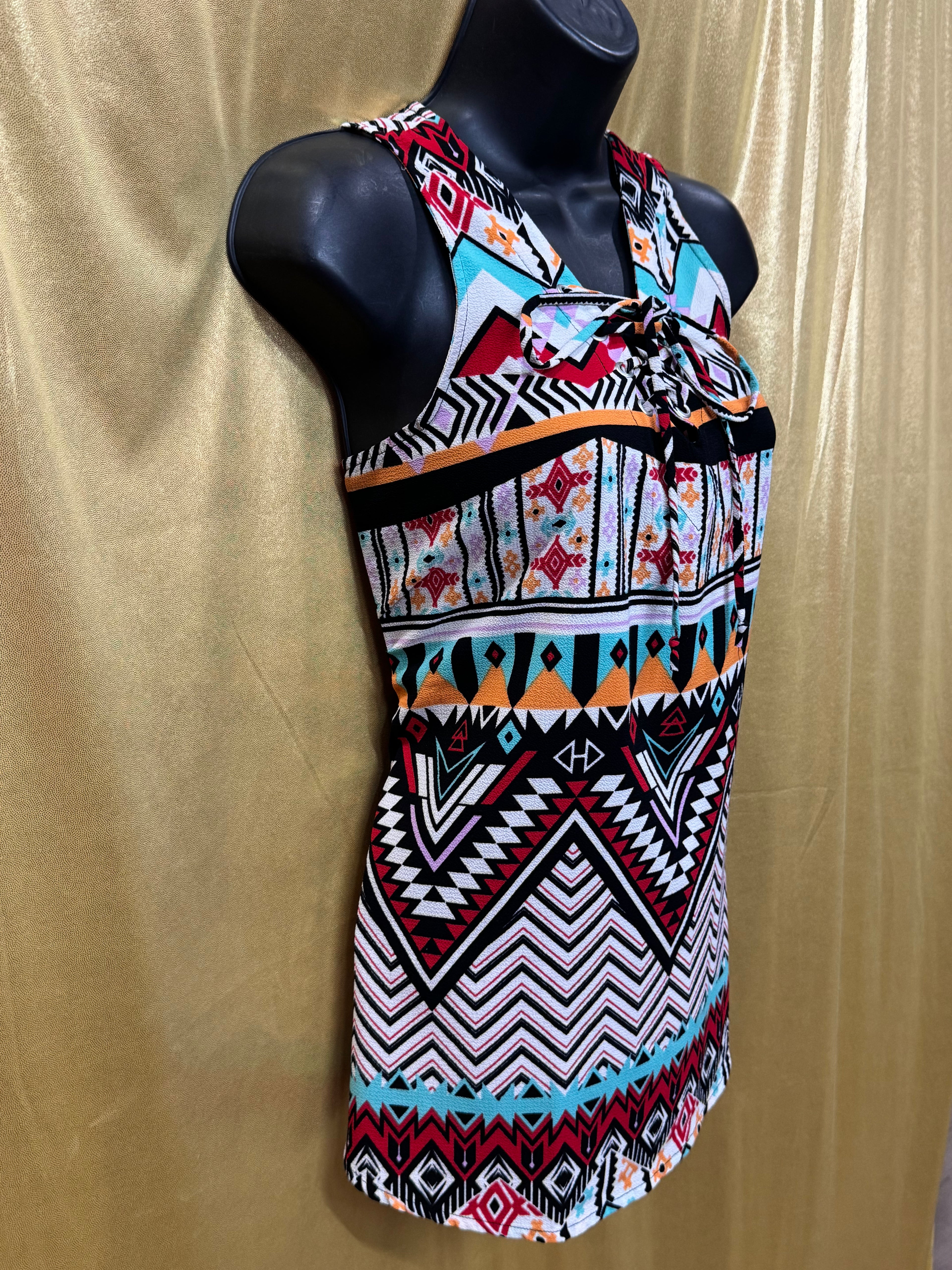 Self Esteem Southwestern Print Lace Up Tank Tunic Top Medium