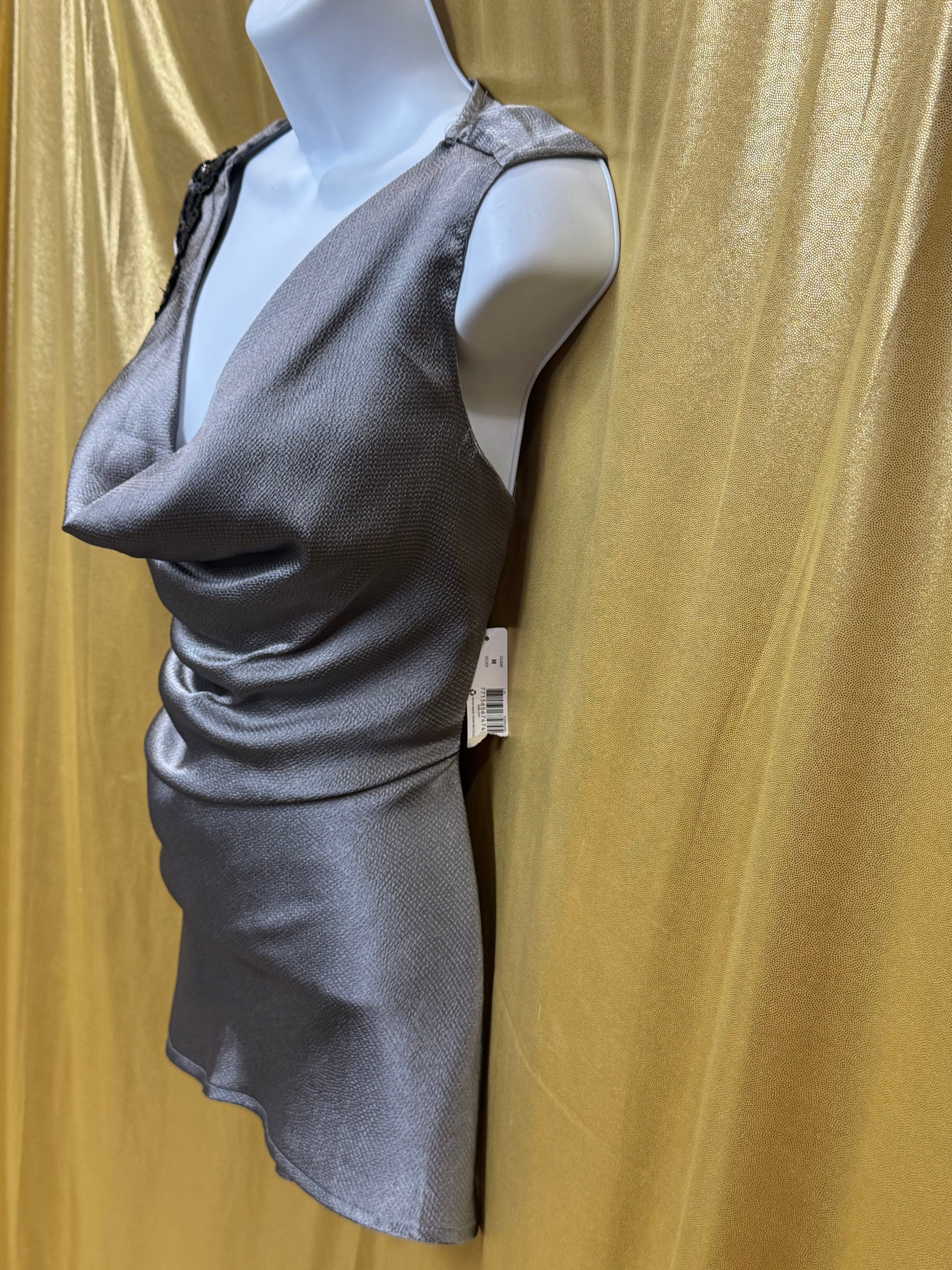 New Directions Silver Gray Cowl Neck Sleeveless Blouse Sequin Flower Medium NWT