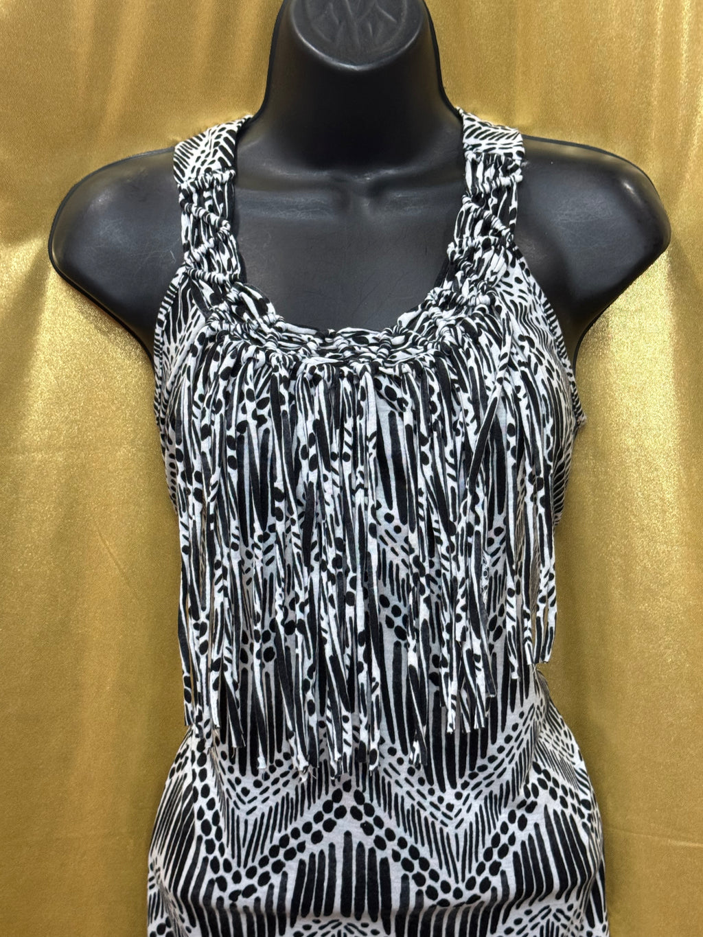 New Directions Black & White Boho Fringe Tank Top Size Medium