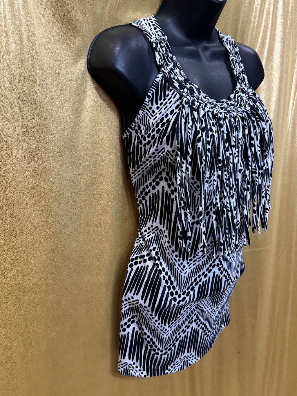 New Directions Black & White Boho Fringe Tank Top Size Medium