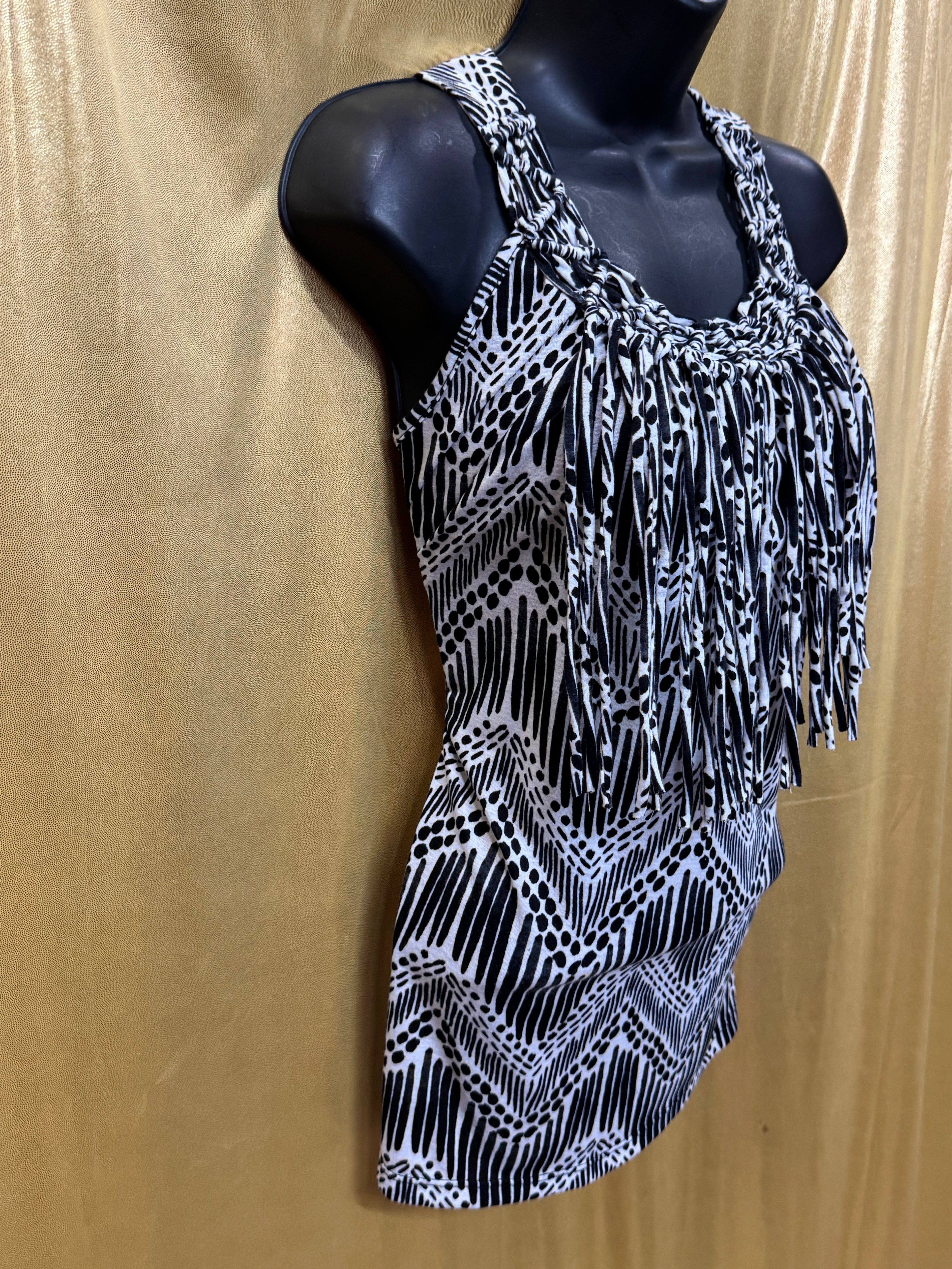 New Directions Black & White Boho Fringe Tank Top Size Medium