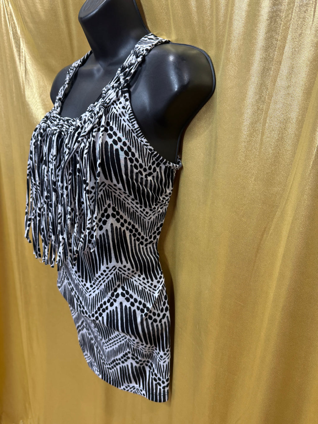 New Directions Black & White Boho Fringe Tank Top Size Medium