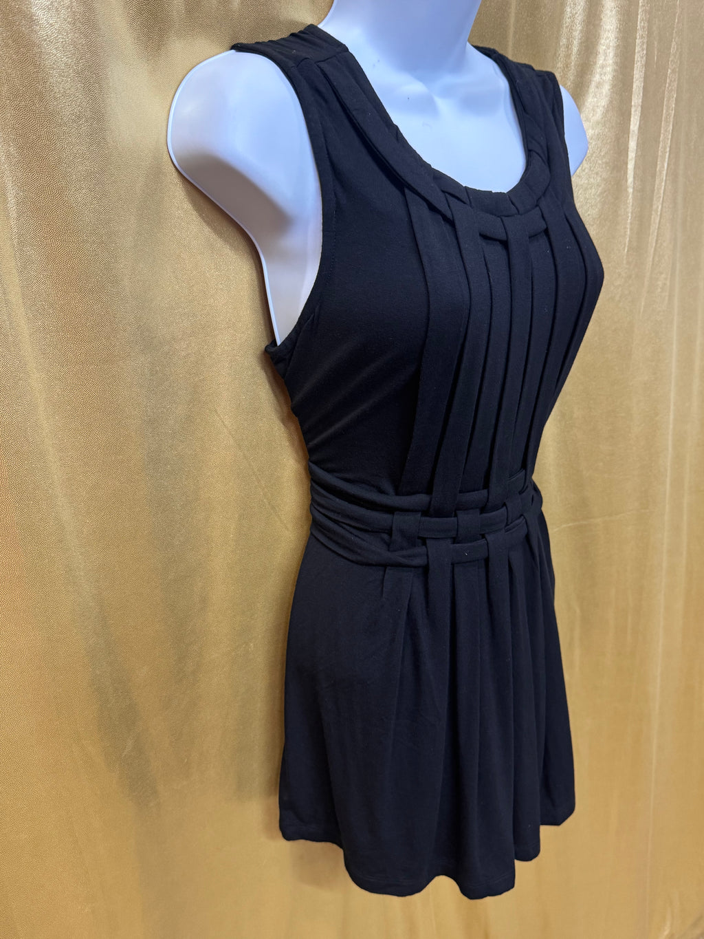 GRACE Black Sleeveless Lattice Pleated Tunic Dress Size M