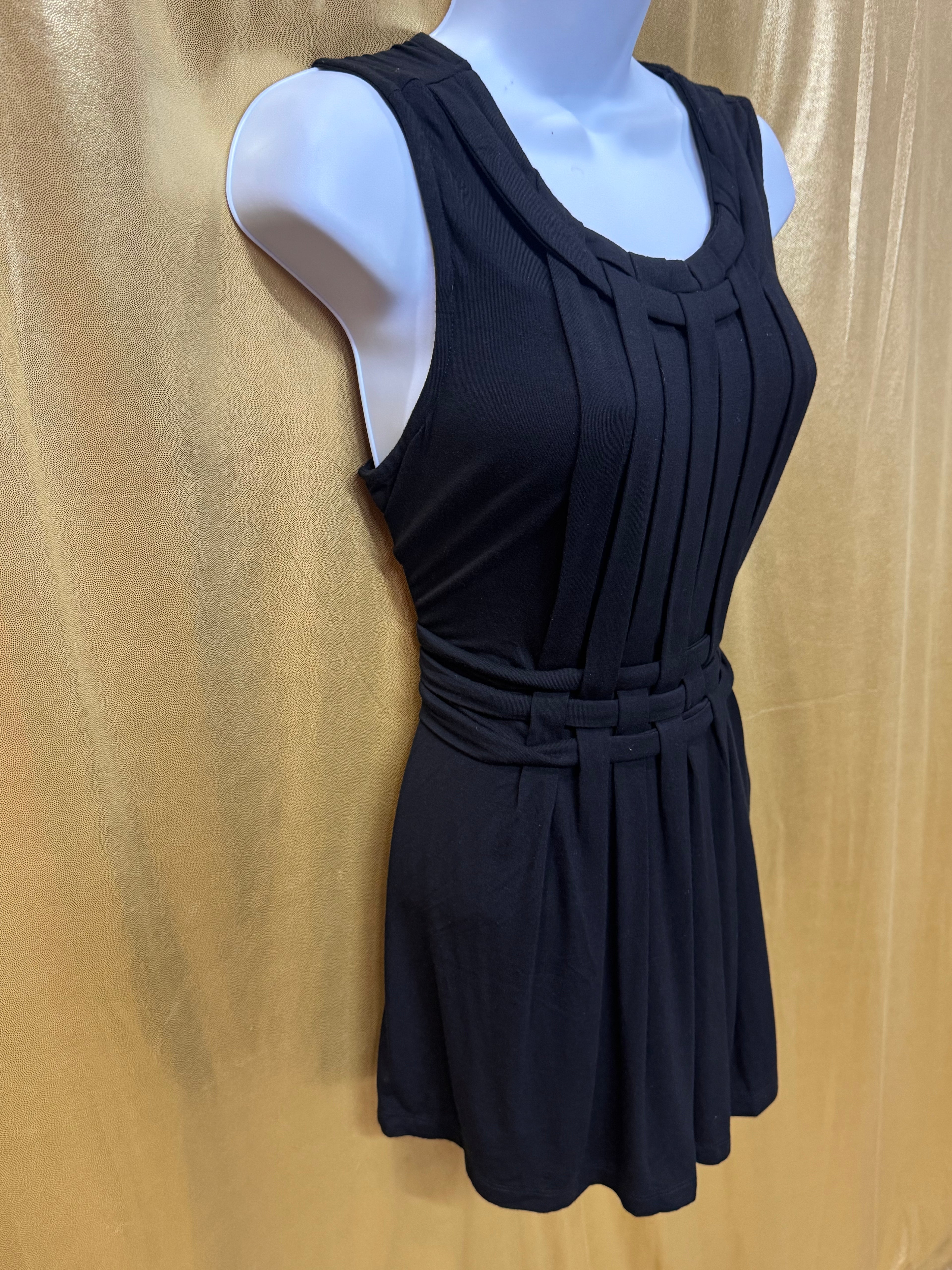 GRACE Black Sleeveless Lattice Pleated Tunic Dress Size M